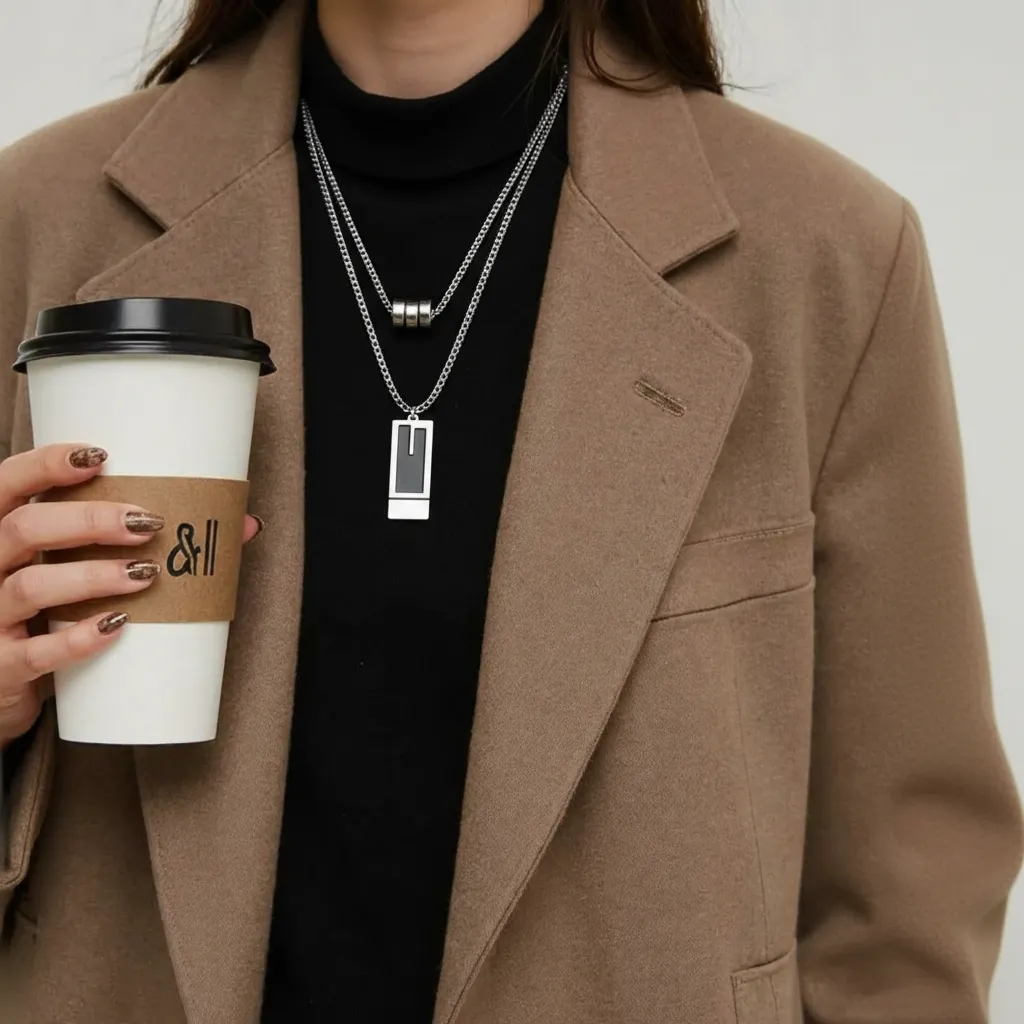 Women's Layered Geometric Pendant Necklace with Rectangular and Cylinder Charms