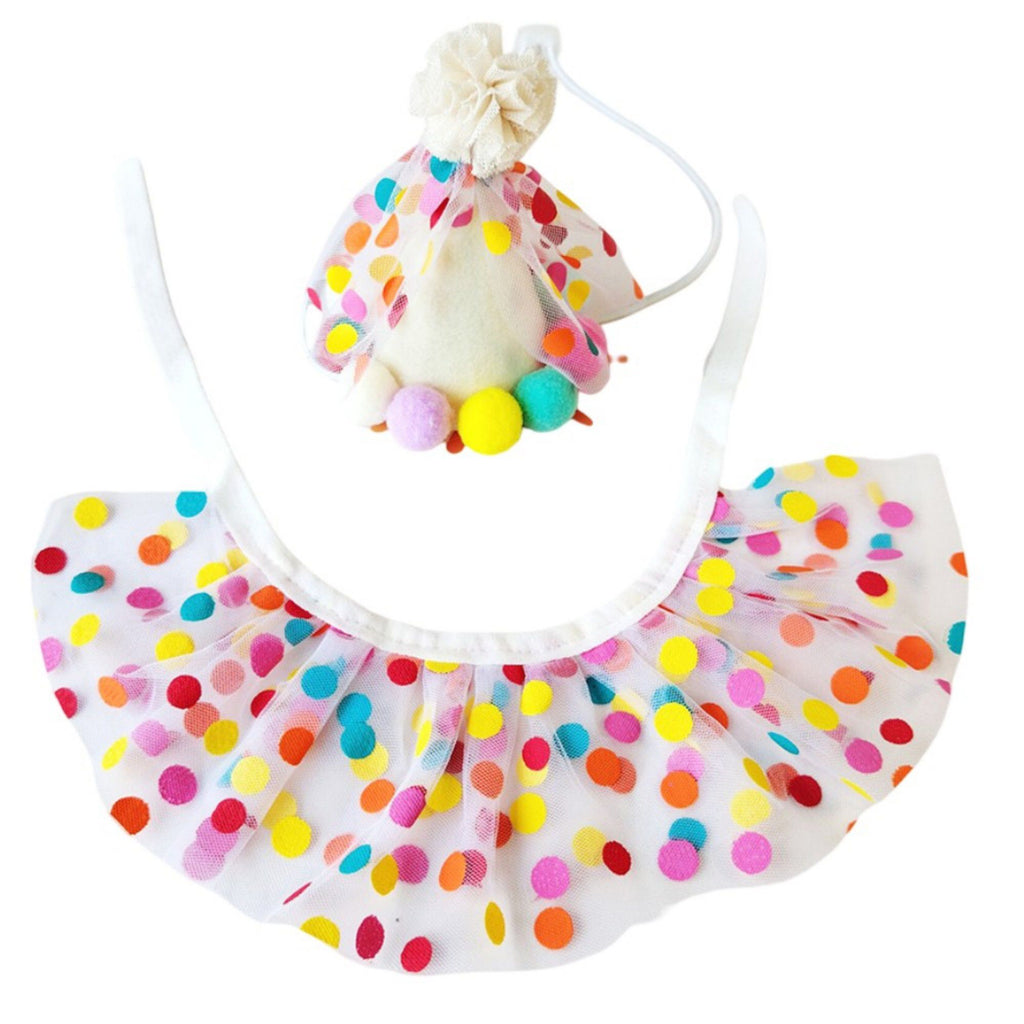 Pet Birthday Hat and Polka Dot Tulle Collar Set Colorful Party Costume Accessory