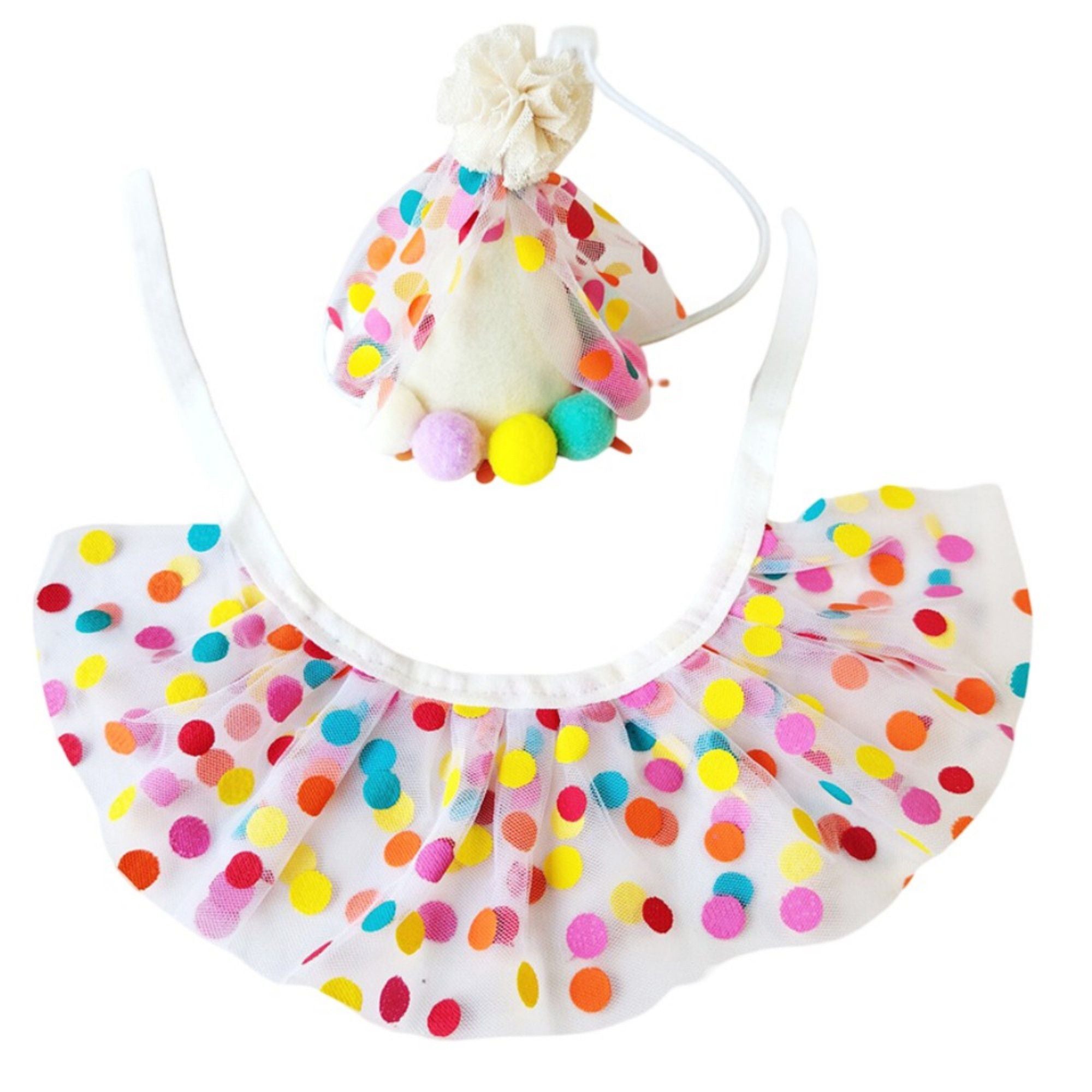 Pet Birthday Hat and Polka Dot Tulle Collar Set Colorful Party Costume Accessory