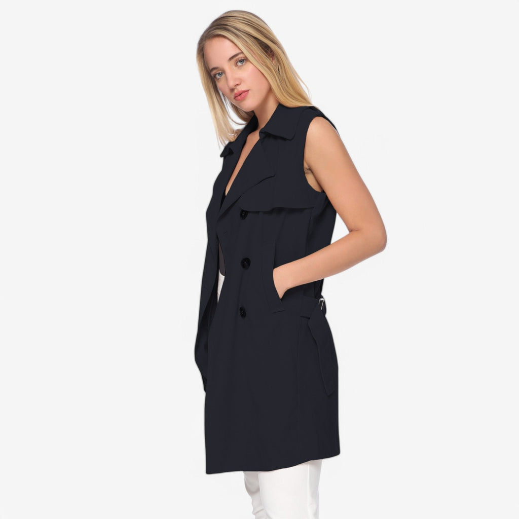 Anna-Kaci Women's Sleeveless Trench Coat with Button Front and Pocket Detail