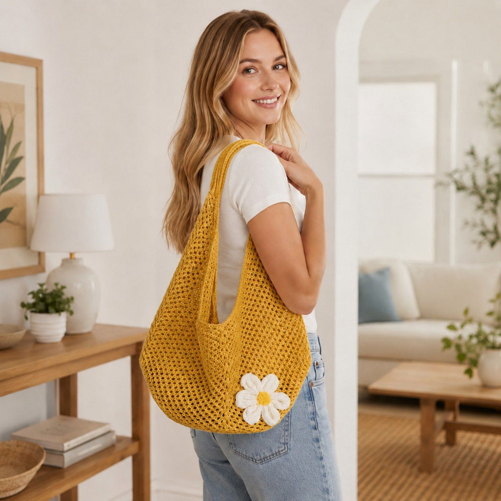 Flower Detail Woven Tote Bag for Women - Lightweight Summer Shoulder Bag for Vacation