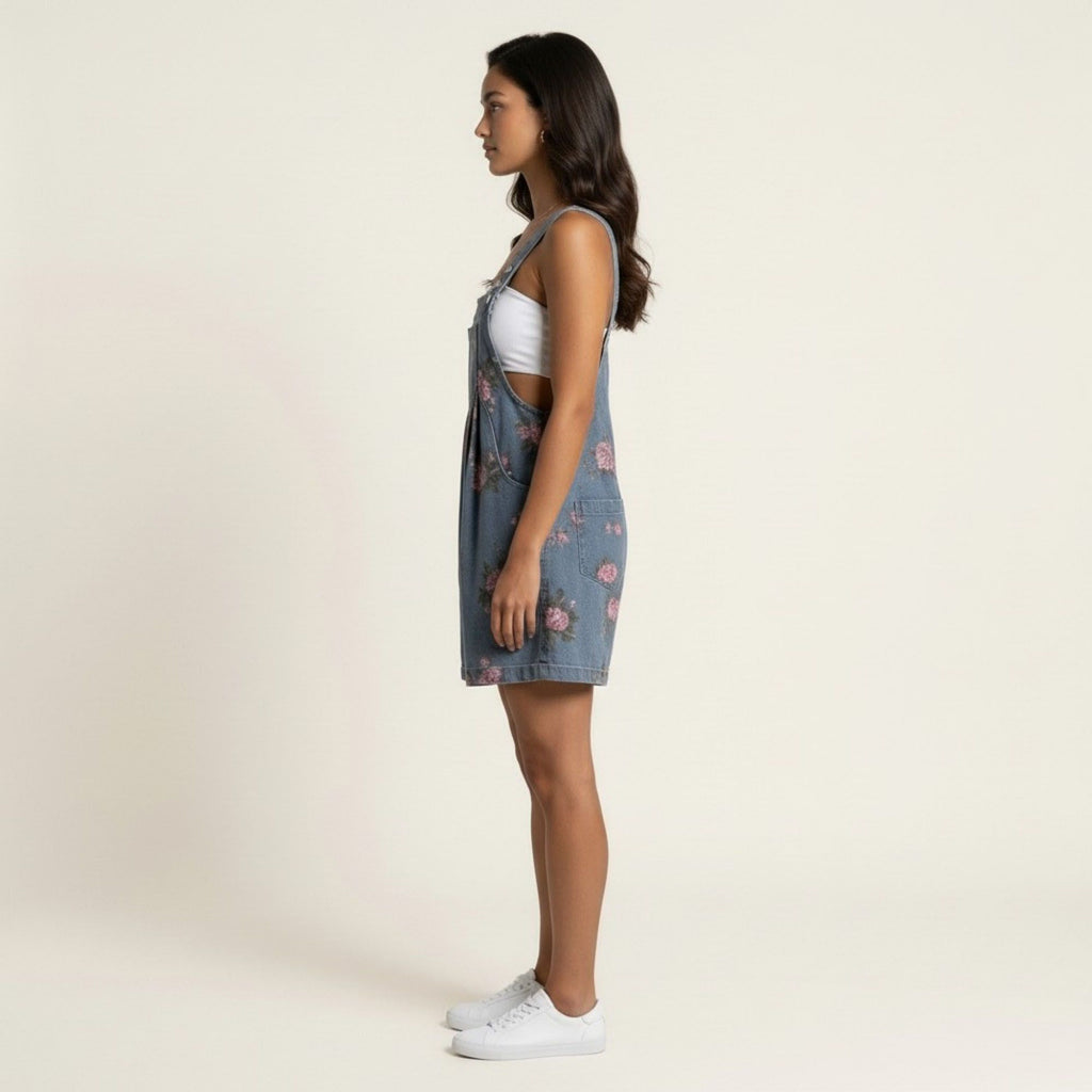 Anna-Kaci Women's Floral Denim Overall Romper Adjustable Strap Sleeveless Shortalls Loose Fit