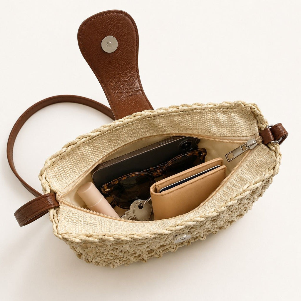 Woven Straw Crescent Crossbody Handbag with Adjustable Shoulder Strap