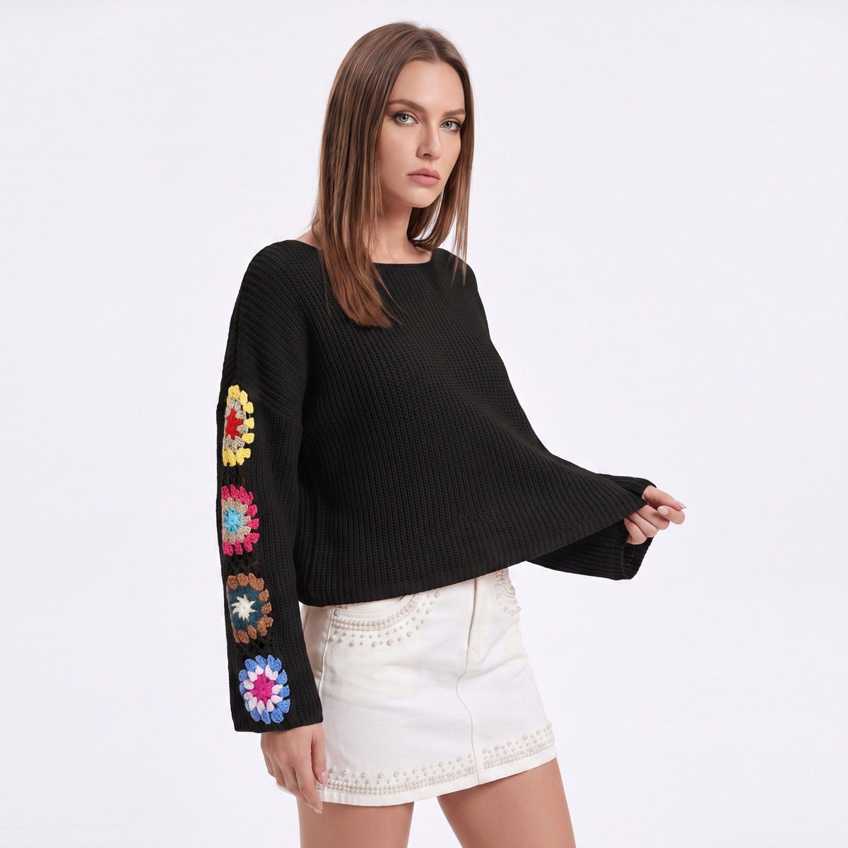 Crochet Floral Sleeve Knit Pullover Sweater with Long Sleeves