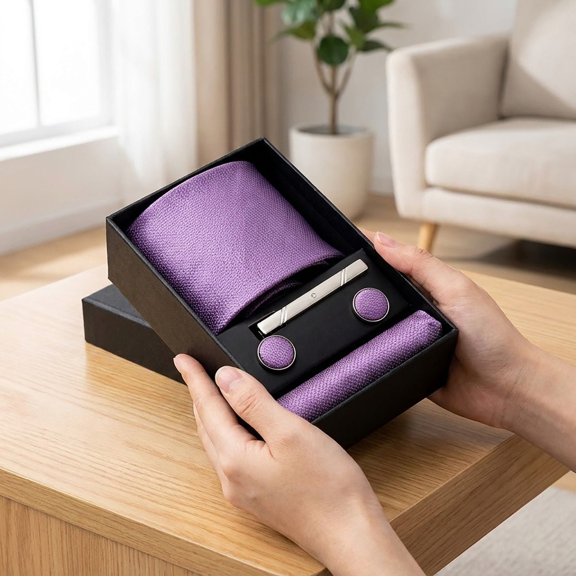 Men's Textured Solid Color Tie Gift Set with Matching Pocket Square Cufflinks and Silver Tie Clip