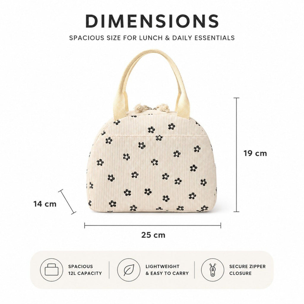 Heart Print Corduroy Insulated Lunch Bag with Handles and Zip Closure