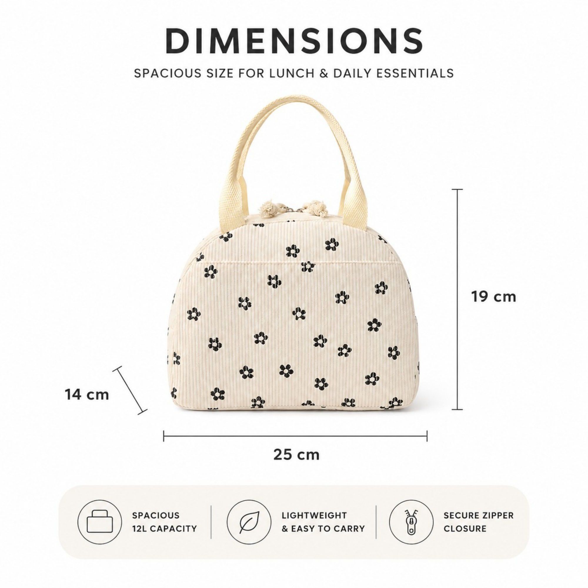 Heart Print Corduroy Insulated Lunch Bag with Handles and Zip Closure