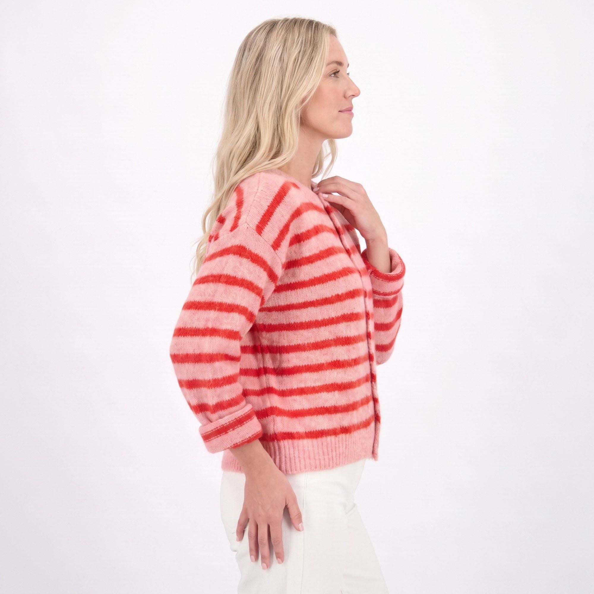 Striped Button-Front Crew Neck Knit Cardigan