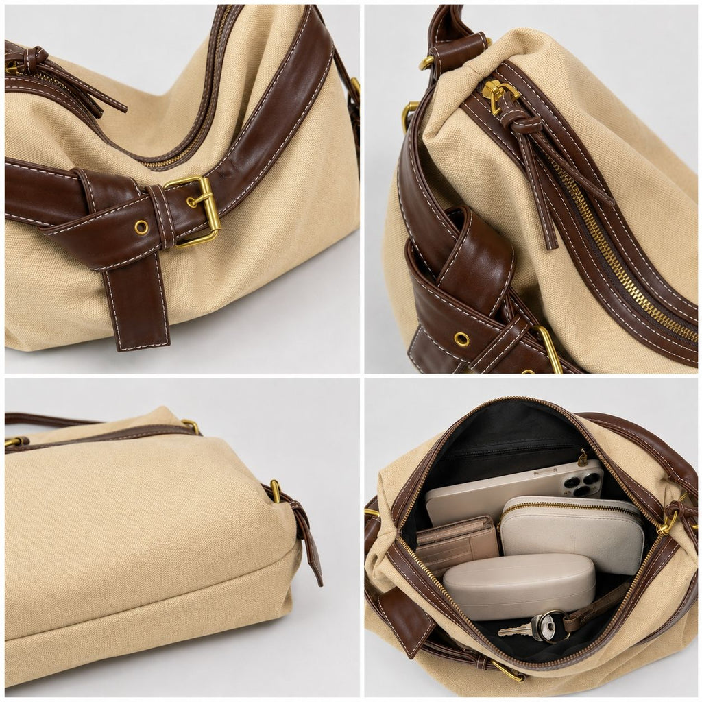 Slouchy Shoulder Hobo Bag with Adjustable Strap Buckle Detail and Inner Zip Pocket