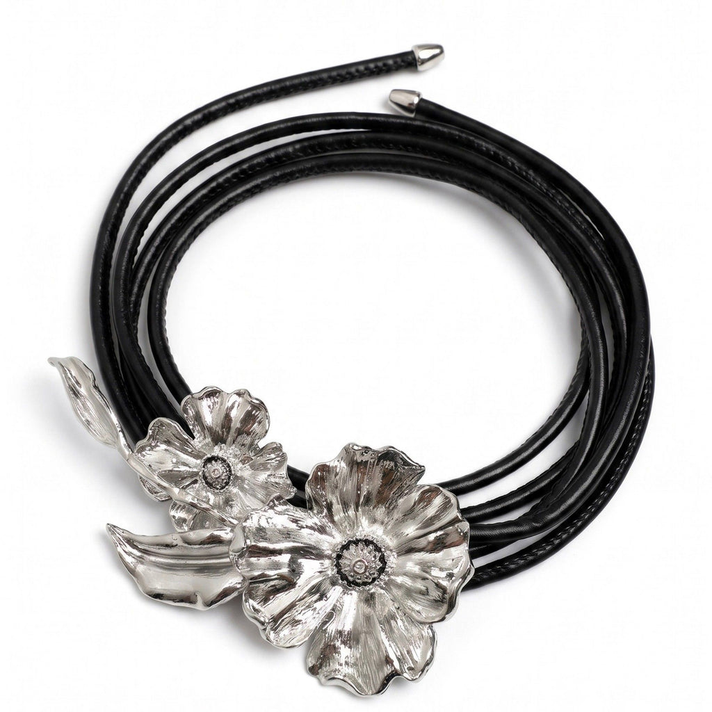Dual Poppy Flower Leather Waist Belt Adjustable Floral Statement Waist Jewelry 43.3in