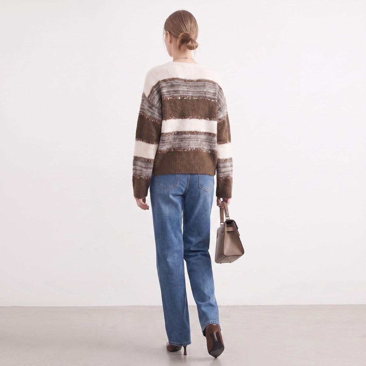 Sequin Striped Fuzzy Knit Crewneck Pullover Sweater