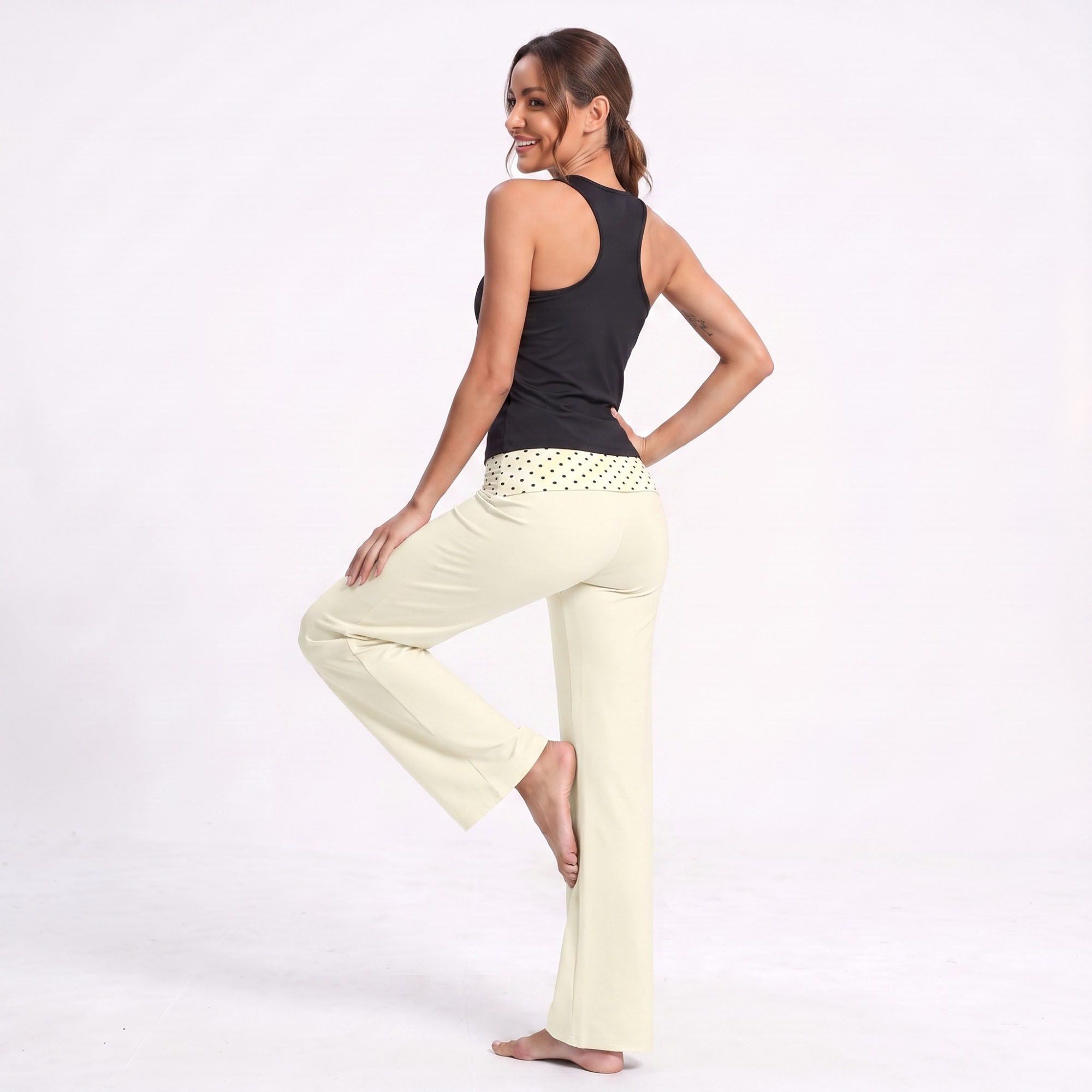Polka Dot Foldover Waist Wide Leg Yoga Pants Full Length Flowy Workout Trousers