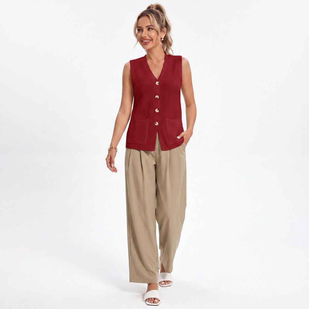 Anna-Kaci Women's Button Front Sweater Vest V Neck Sleeveless Knit Pocket Top