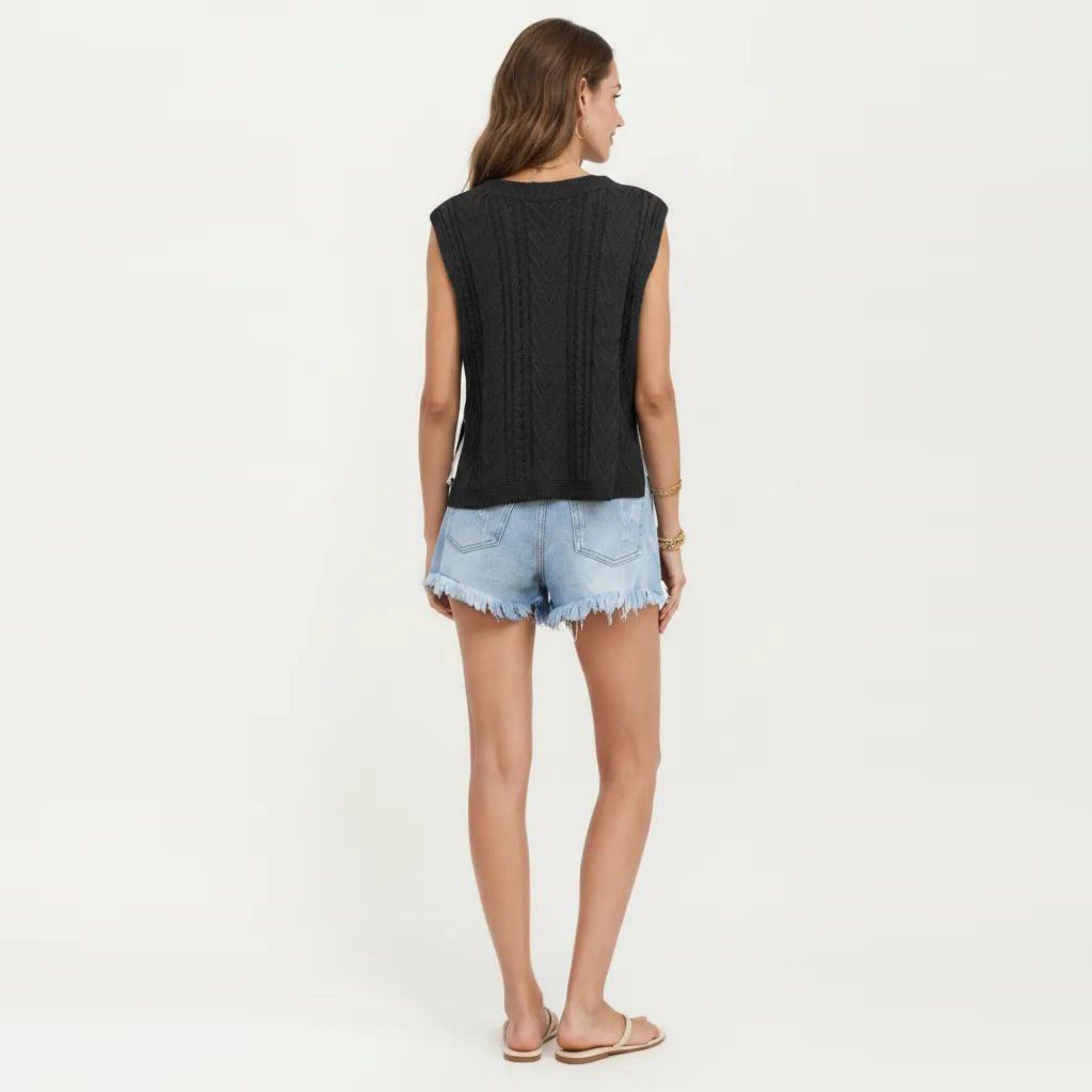 Anna-Kaci Women's Sleeveless Cable Knit Top with Crew Neck and Ribbed Hem