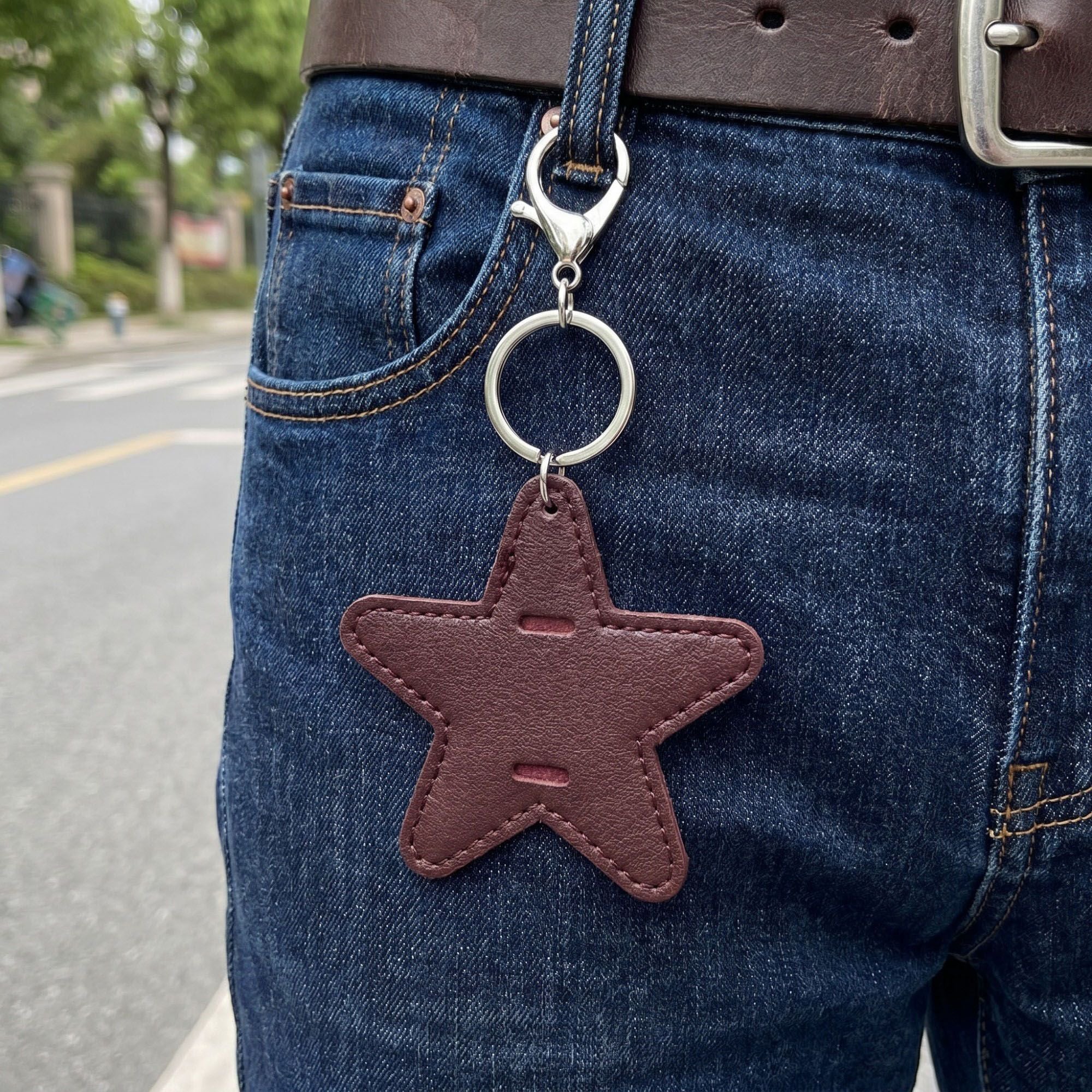 2-Piece Womens Faux Leather Bag Charm Keychain with Metal Clip Ring and Stitched Detail
