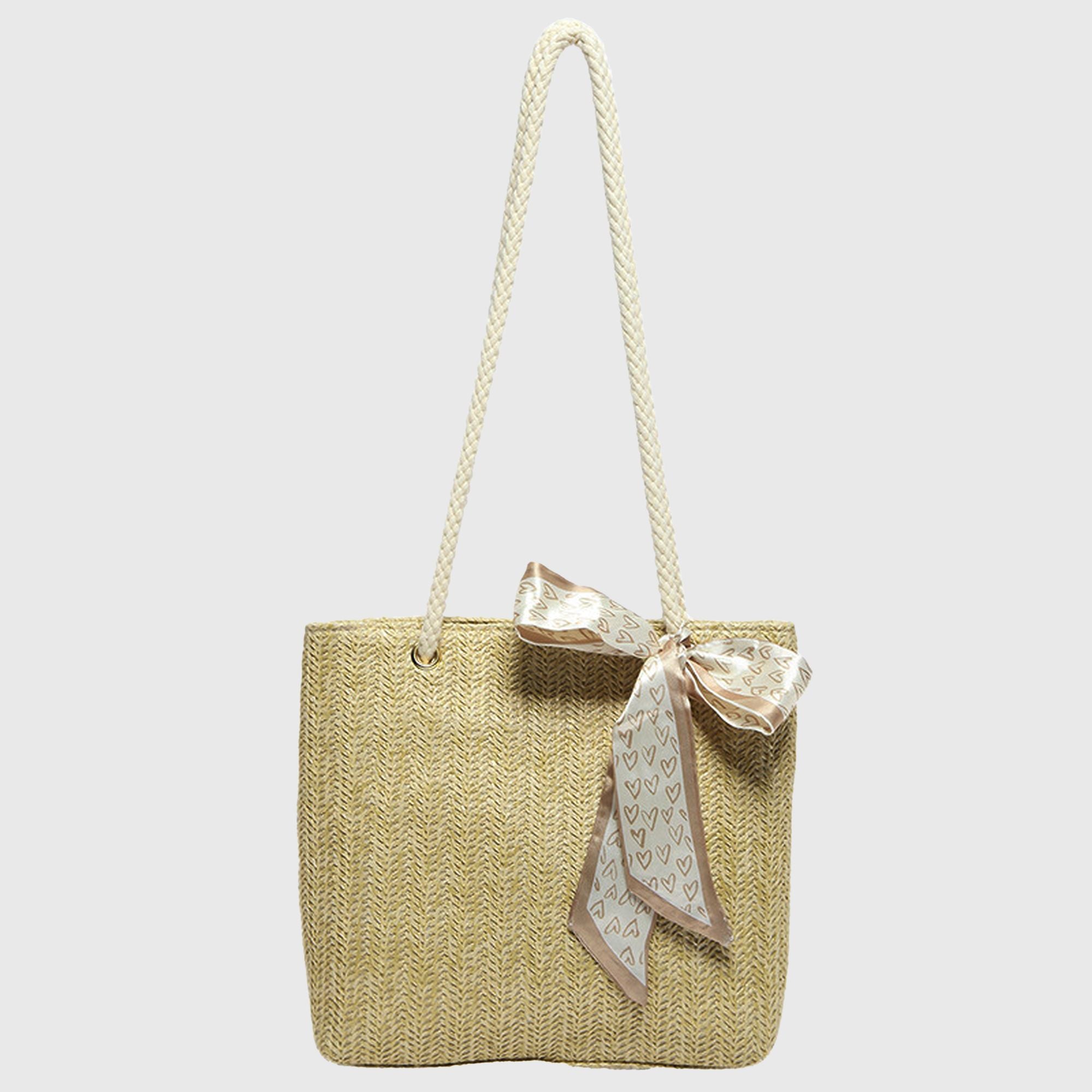 Anna-Kaci Women's Straw Woven Tote Bag with Bow Accent - Lightweight Summer Shoulder Bag