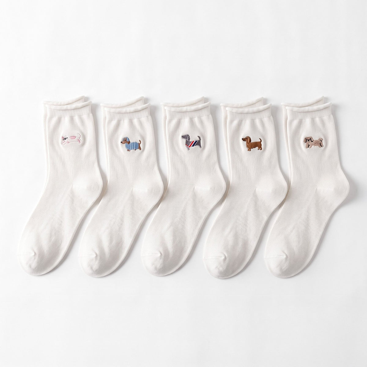5-Pair Embroidered Dog Crew Socks Set, Soft Ribbed Knit Casual Hosiery