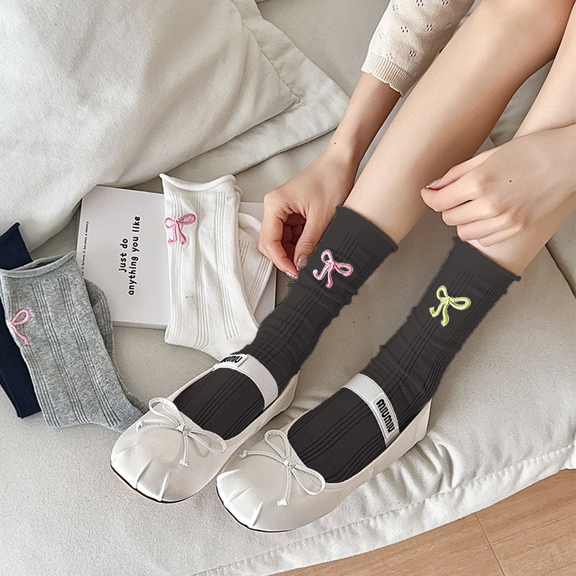Anna-Kaci Adorable Women's Bow-Embroidered Ribbed Ankle Socks 5Pk