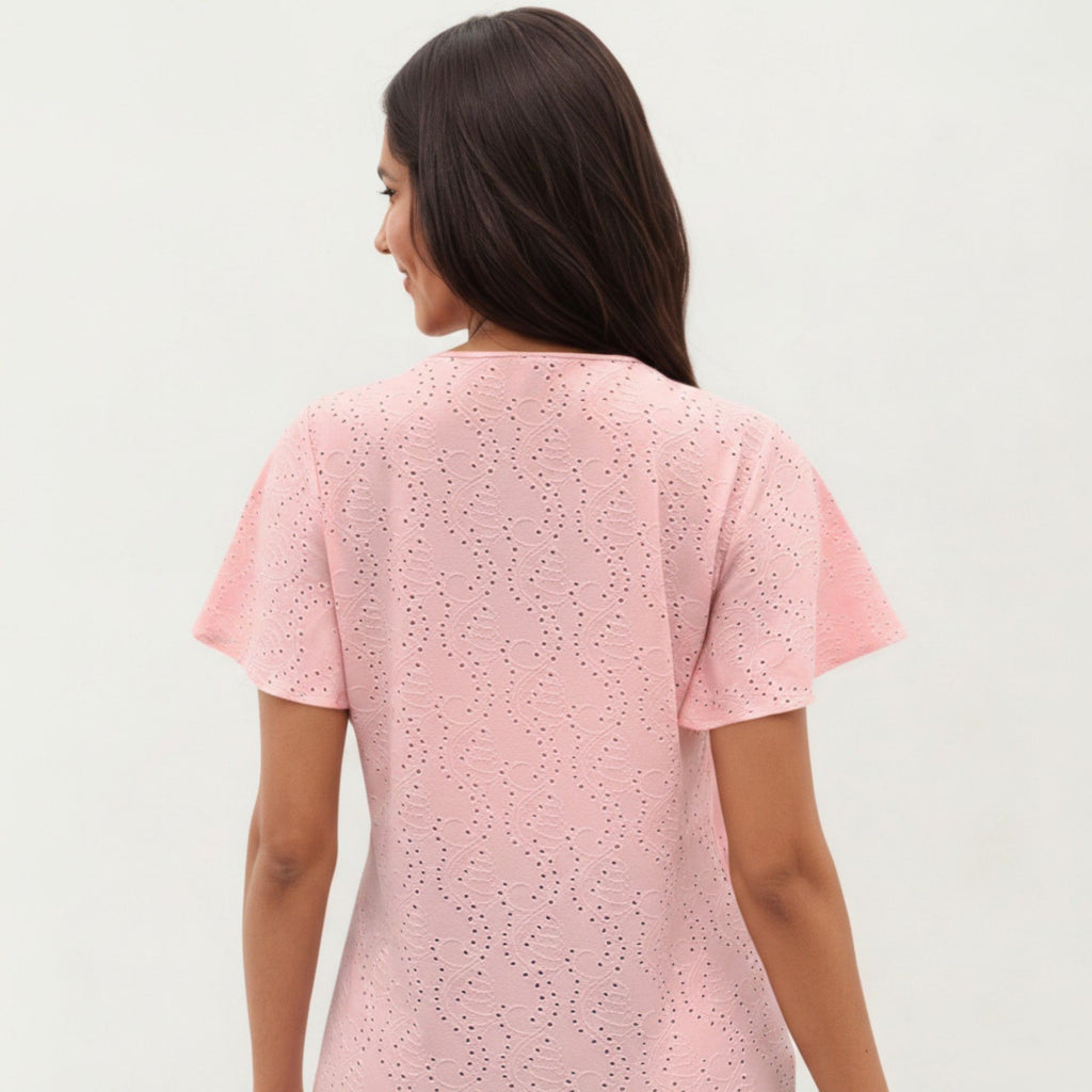 Anna-Kaci Women's Short Sleeve Eyelet V-Neck Top with Floral Embroidery and Flutter Sleeves