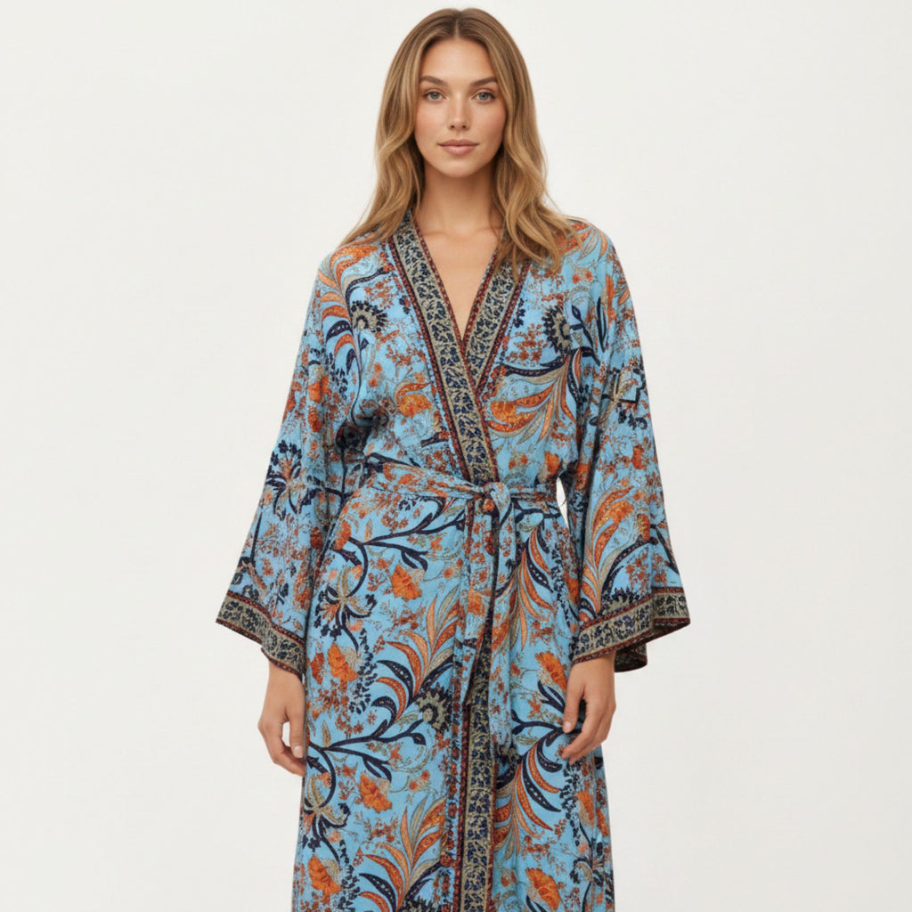 Anna-Kaci Women's Floral Paisley Maxi Dress with Long Sleeves Adjustable Waist Tie and Flowing Relaxed Fit