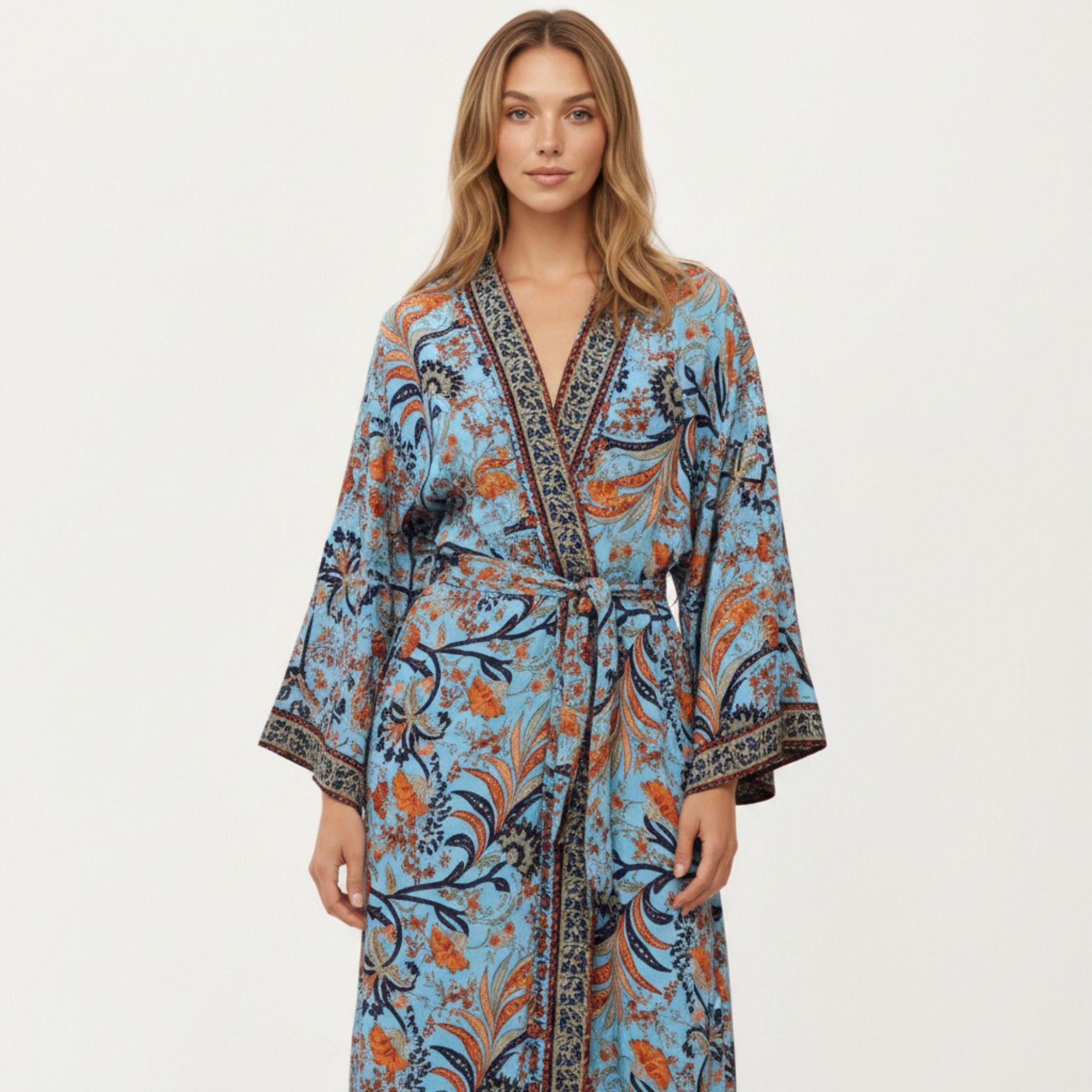 Anna-Kaci Women's Floral Paisley Maxi Dress with Long Sleeves Adjustable Waist Tie and Flowing Relaxed Fit