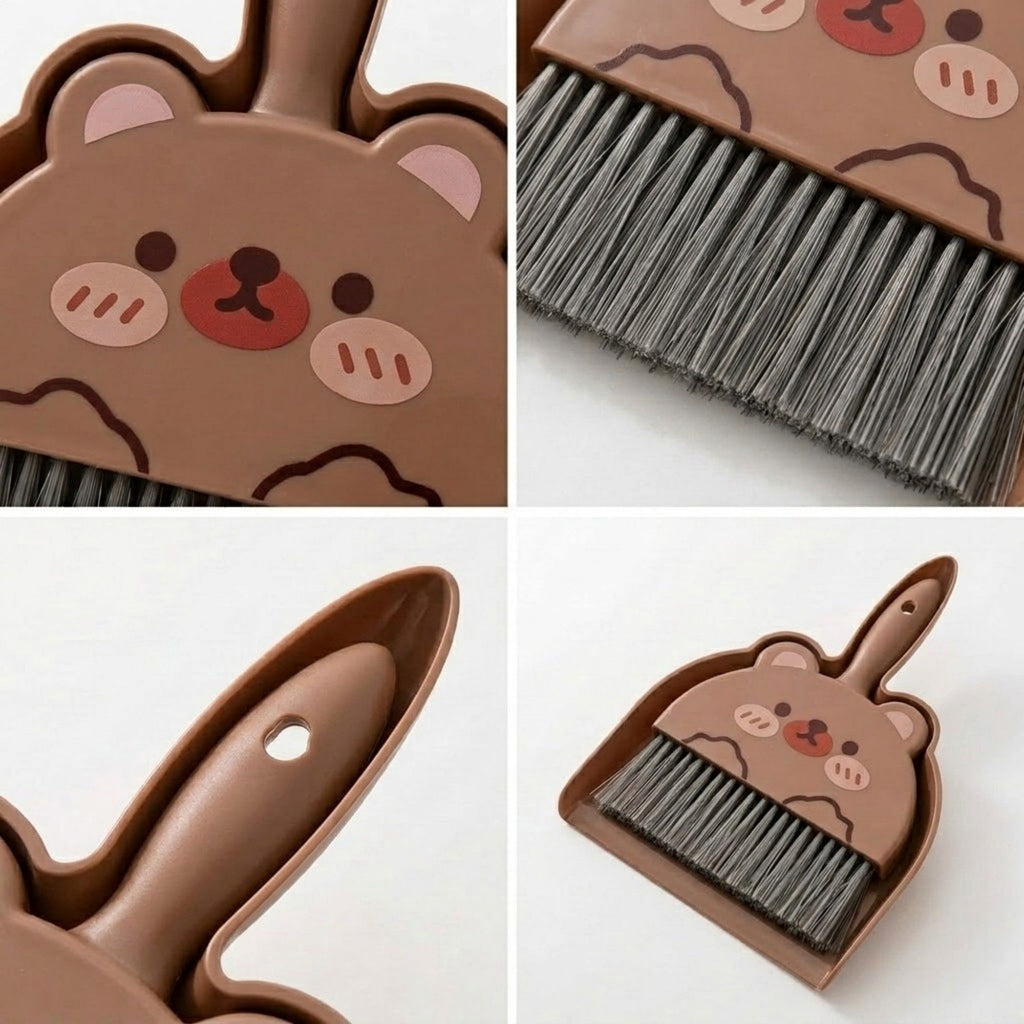 2-Piece Mini Dustpan and Brush Set with Animal Face Design for Tabletop Cleaning