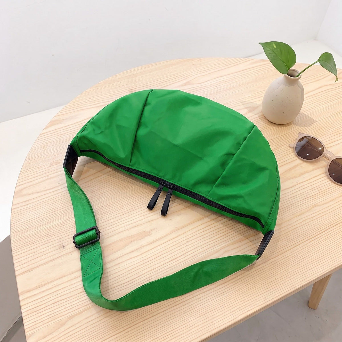 Nylon Crescent Shoulder Bag with Adjustable Strap and Double Zip Closure