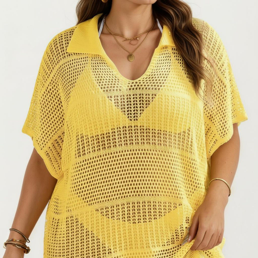 Anna-Kaci Women's Mesh Swim Cover Up Dress with Open Knit Design Collared Neckline Short Sleeves Relaxed Fit
