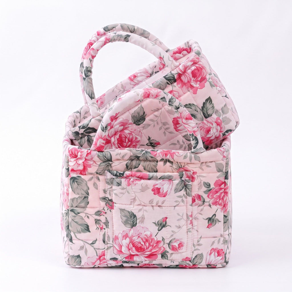 2 Piece Quilted Floral Storage Tote Set with Handles and Front Pocket