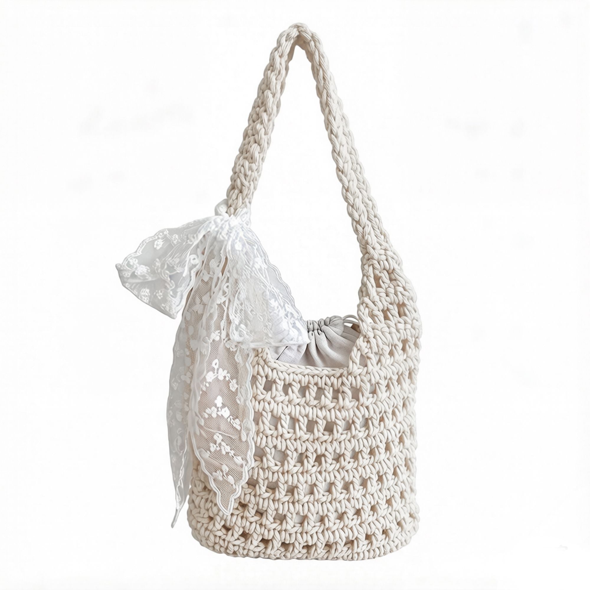 Crochet Shoulder Bag with Lace Bow Detail Knit Bucket Handbag Drawstring Lined Casual Everyday Tote
