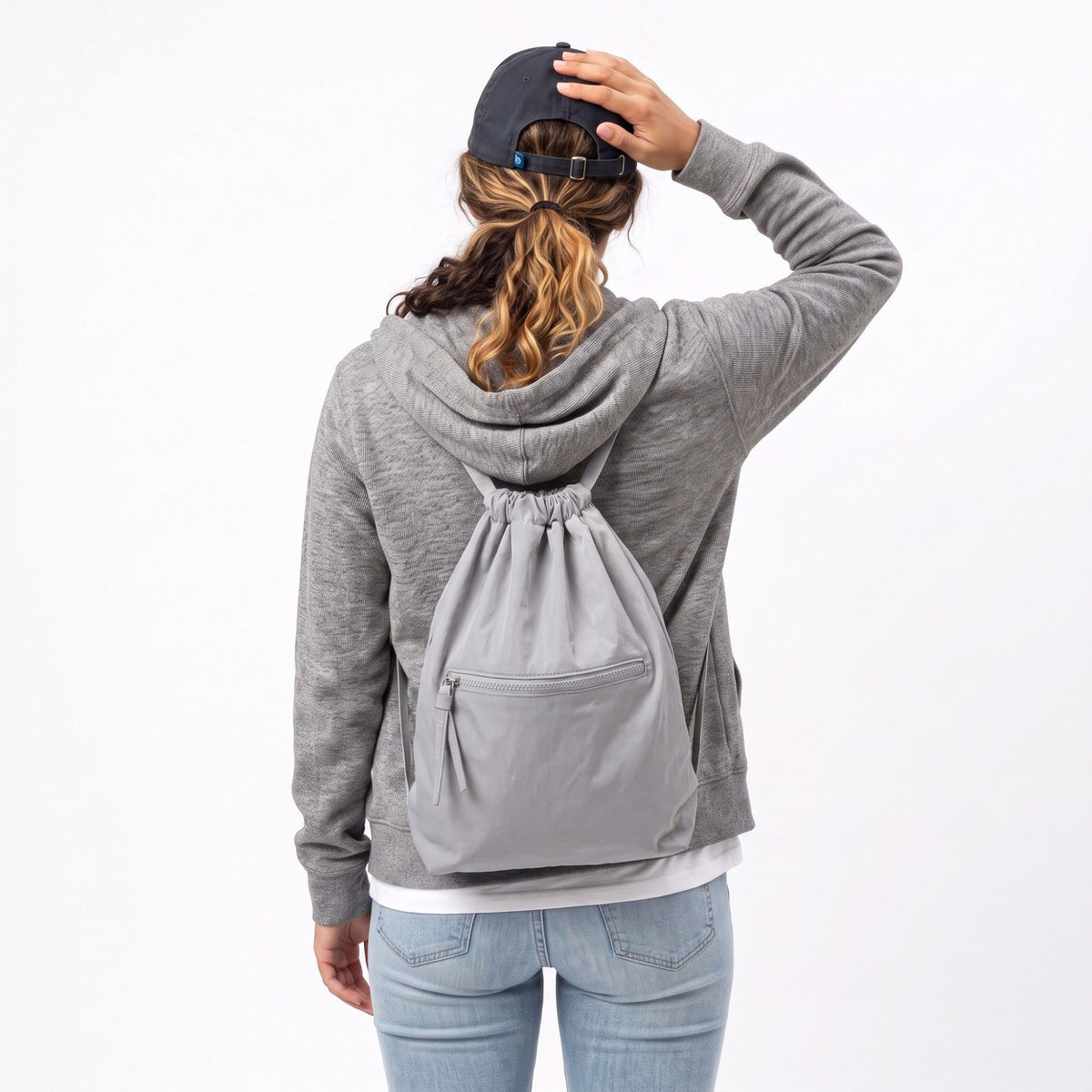 Drawstring Backpack with Front Zip Pocket Lightweight Casual Cinch Bag