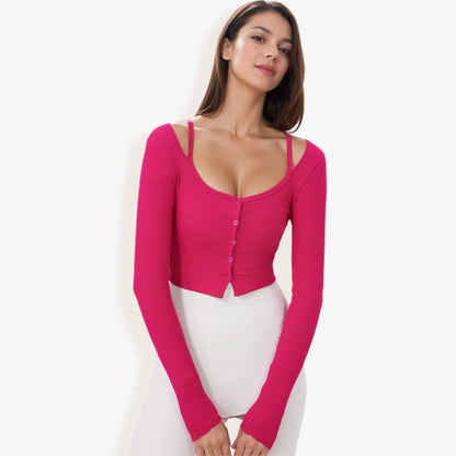 Cropped Button-Up Ribbed Long Sleeve Top with Scoop Neckline