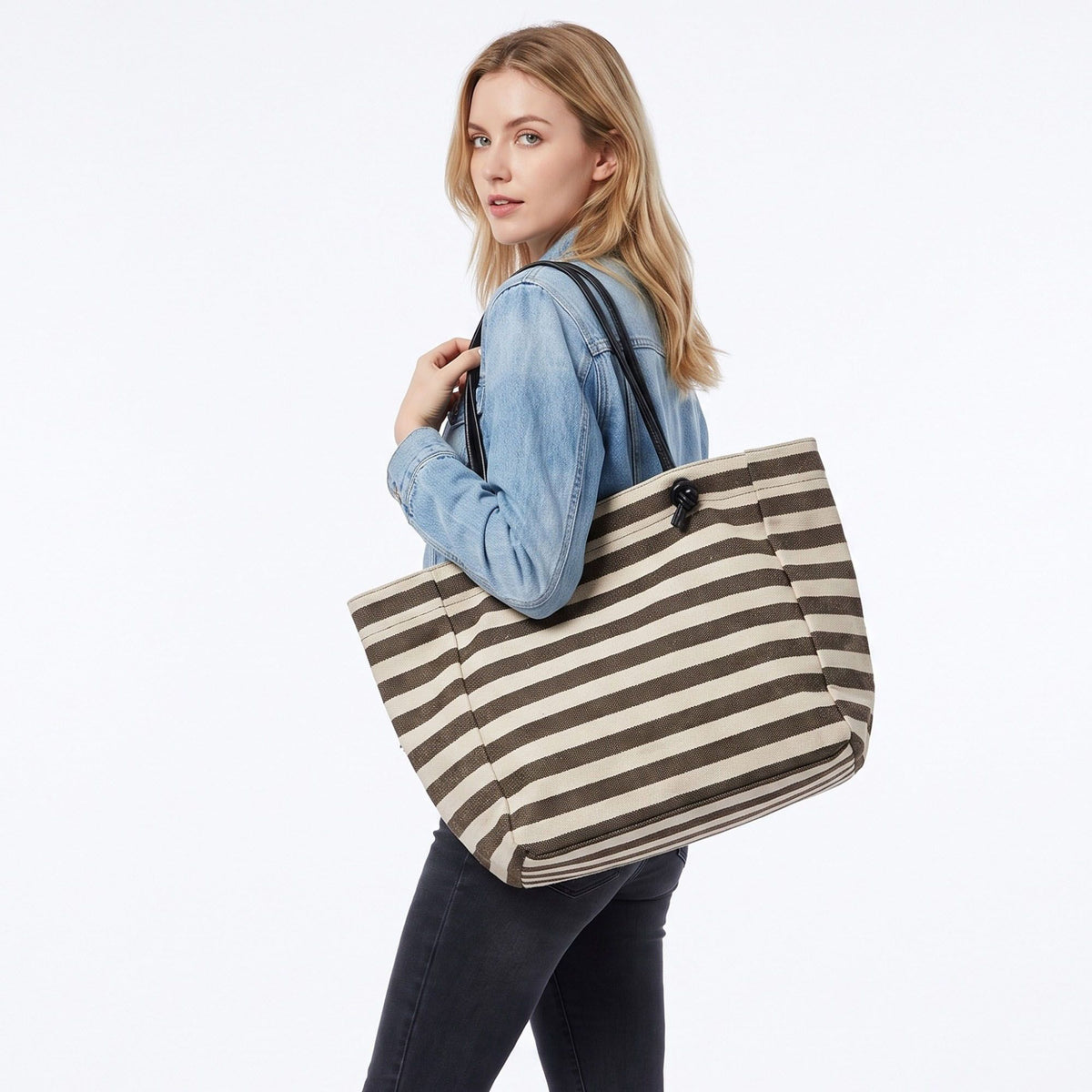 Striped Canvas Tote Bag with Matching Zipper Pouch and Interior Pocket