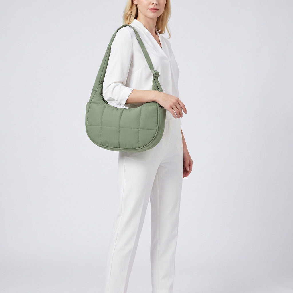 Quilted Hobo Shoulder Bag with Adjustable Strap and Side Pockets 10x4x6.5in