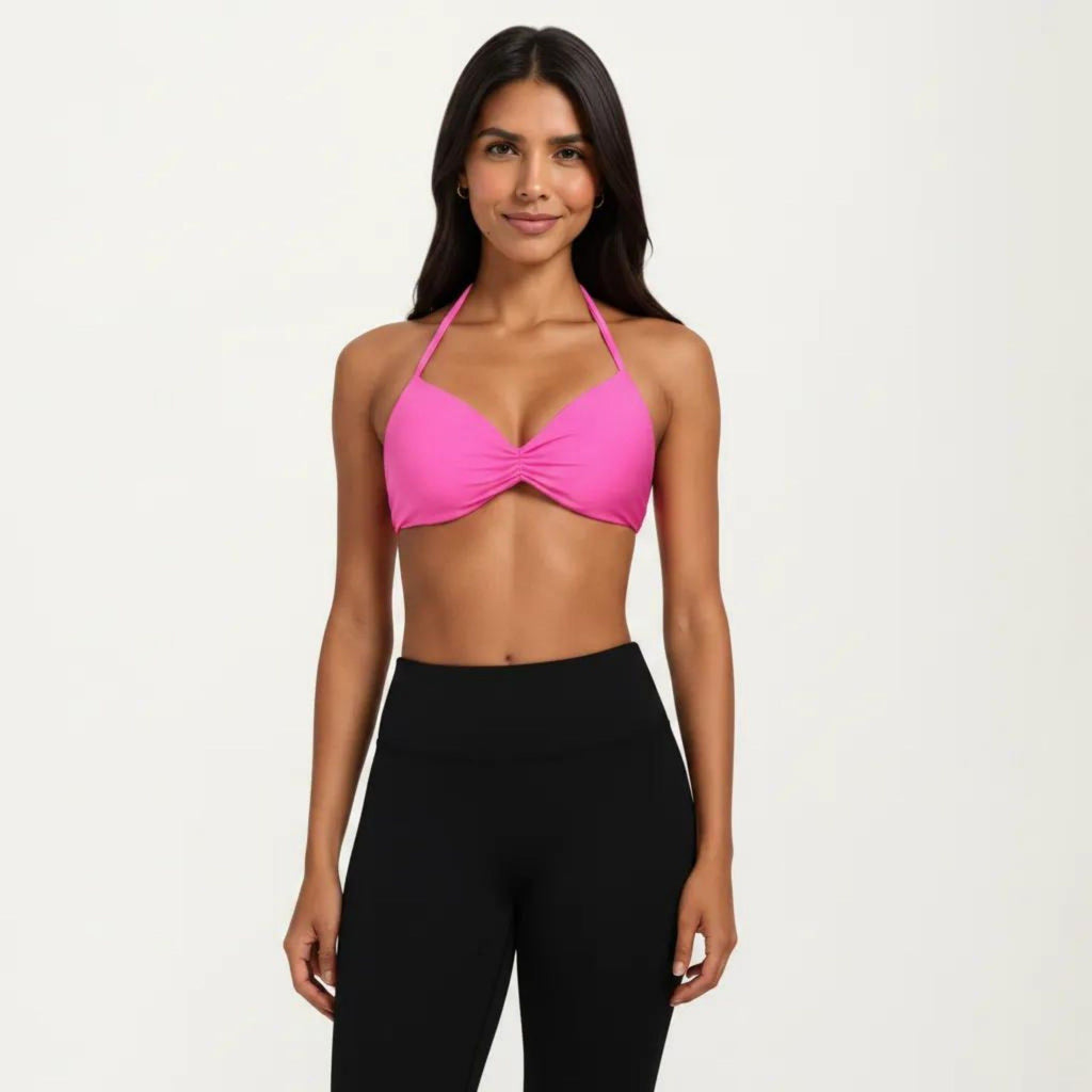 Anna-Kaci Active Women's Halter Sports Bra with Ruched Front Detail and Open Back Design