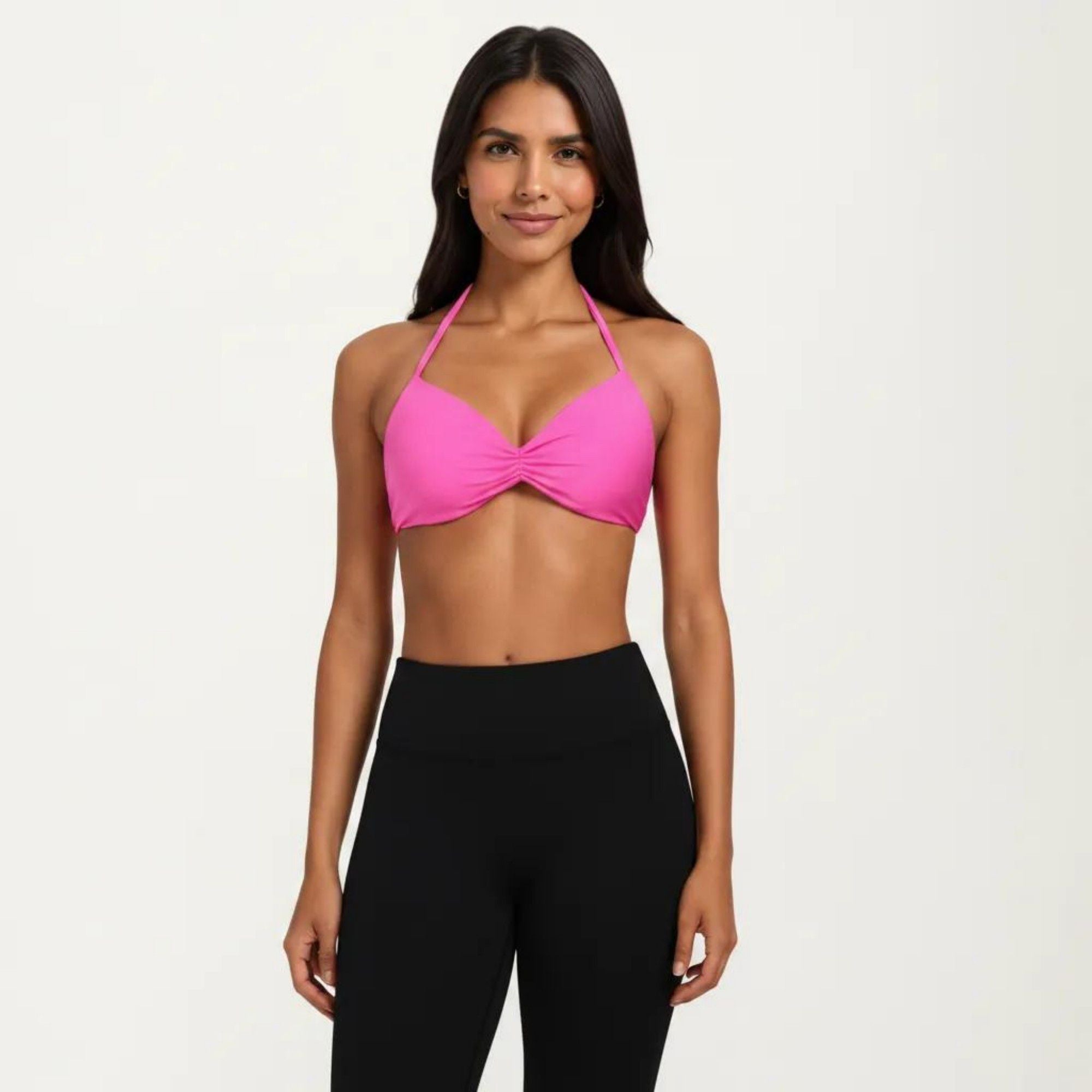 Anna-Kaci Active Women's Halter Sports Bra with Ruched Front Detail and Open Back Design