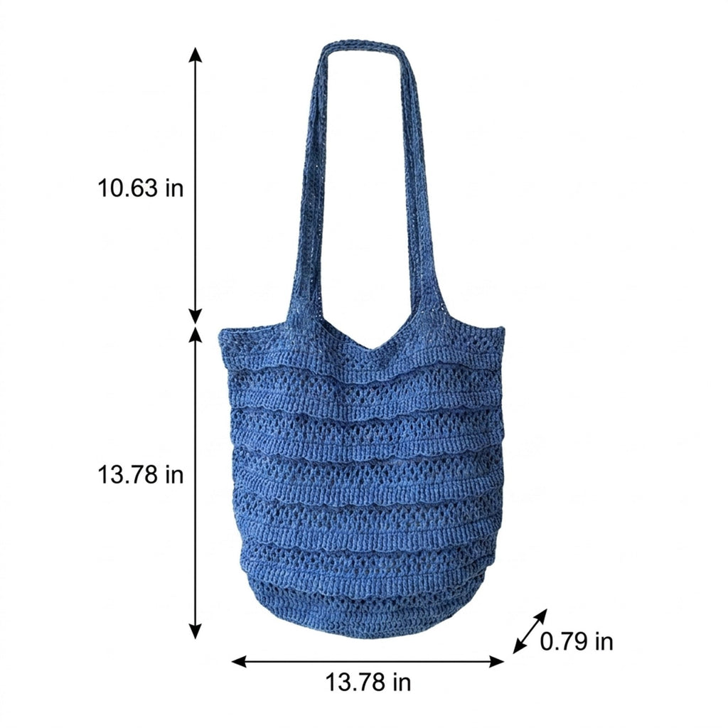 Crochet Knit Tote Bag with Openwork Ruffle Design and Long Handles