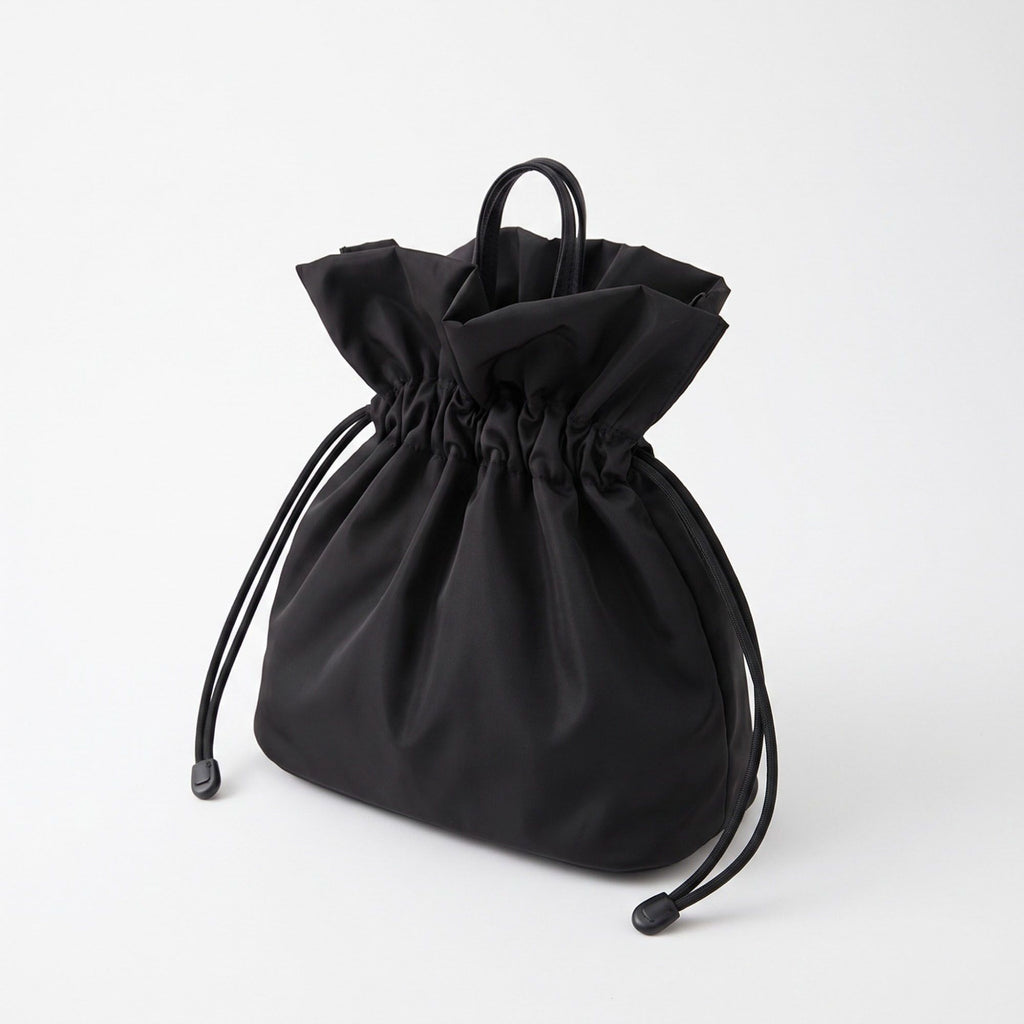 Drawstring Bucket Bag with Double Top Handles and Ruched Opening 11x9x4.5in