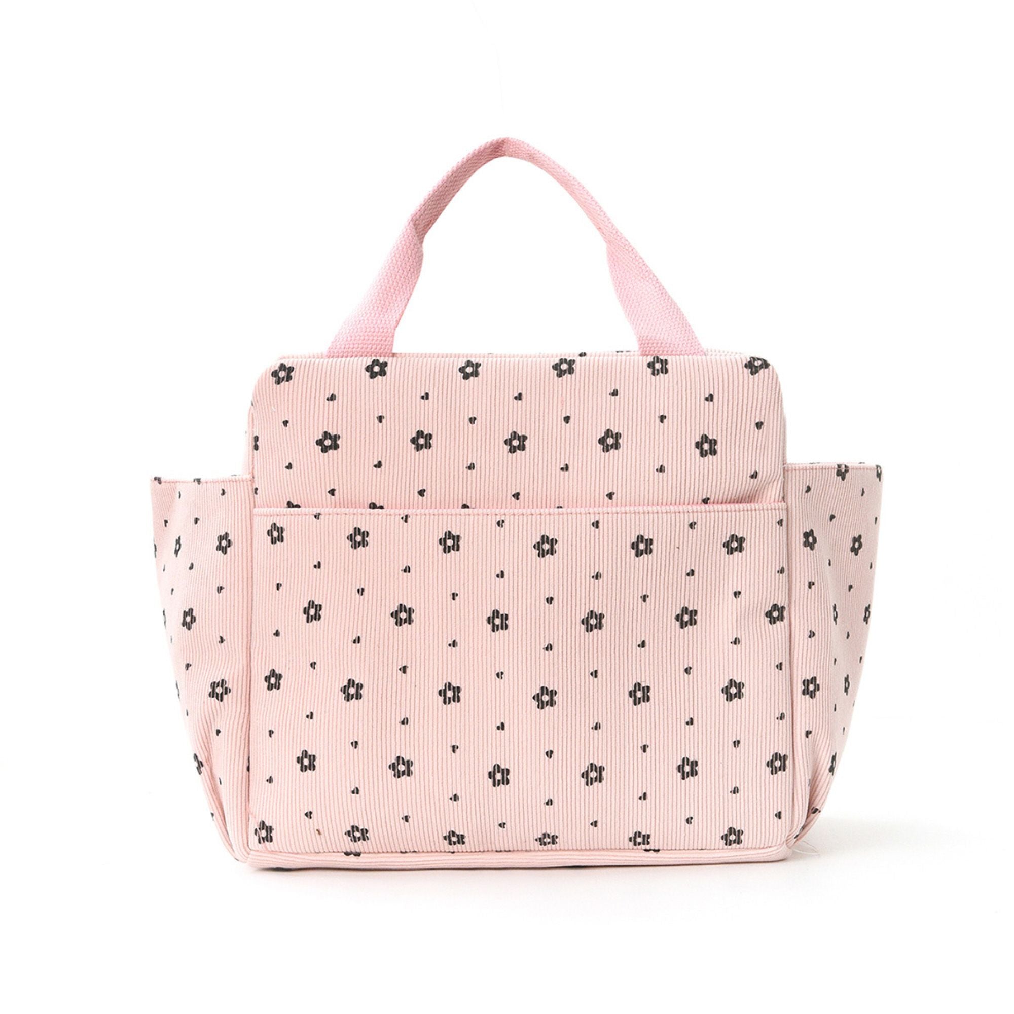 Corduroy Insulated Lunch Bag Large Capacity Floral Lunch Tote with Front and Side Pockets