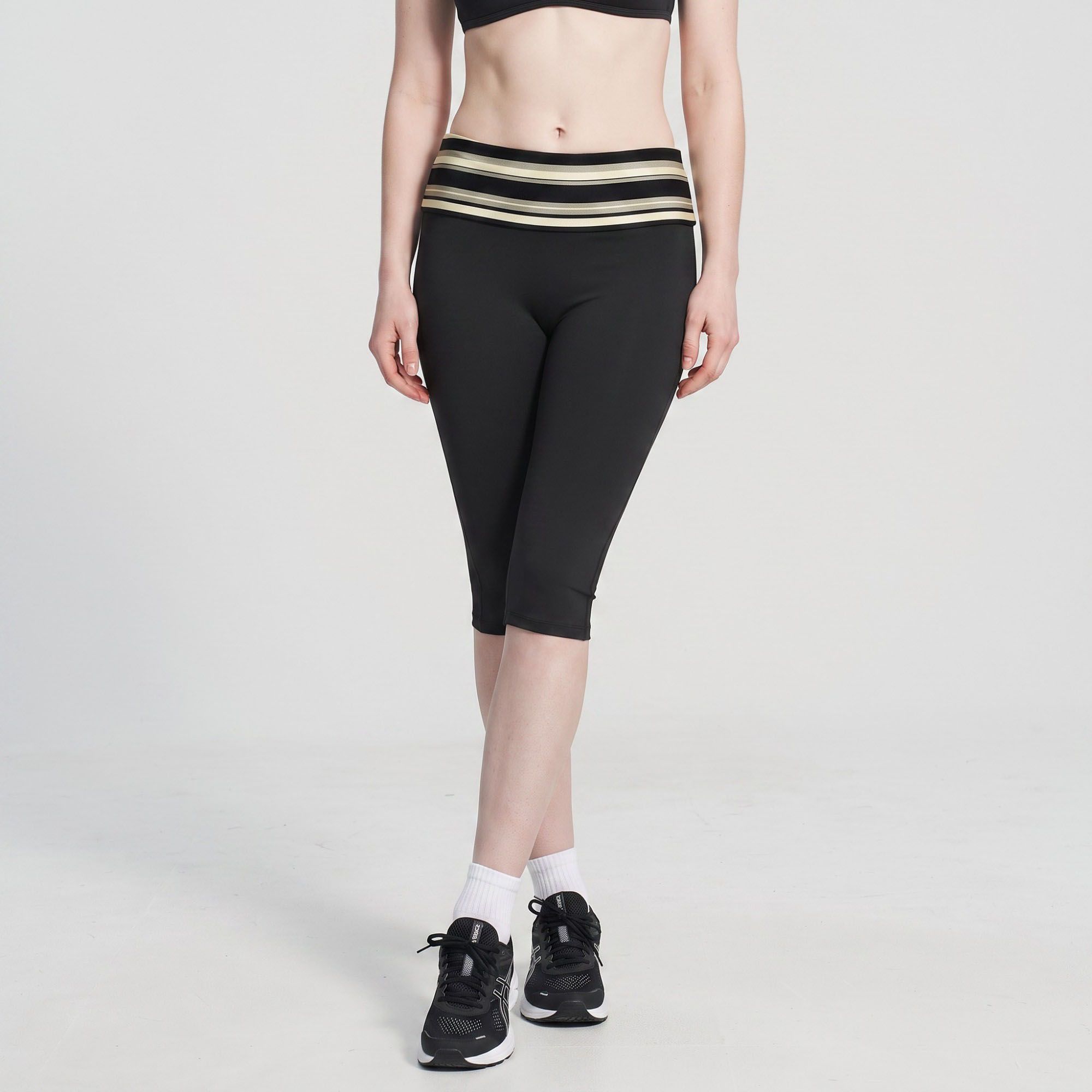 Striped Foldover Waist Capri Leggings Fitted Cropped Yoga Pants for Workouts and Athleisure