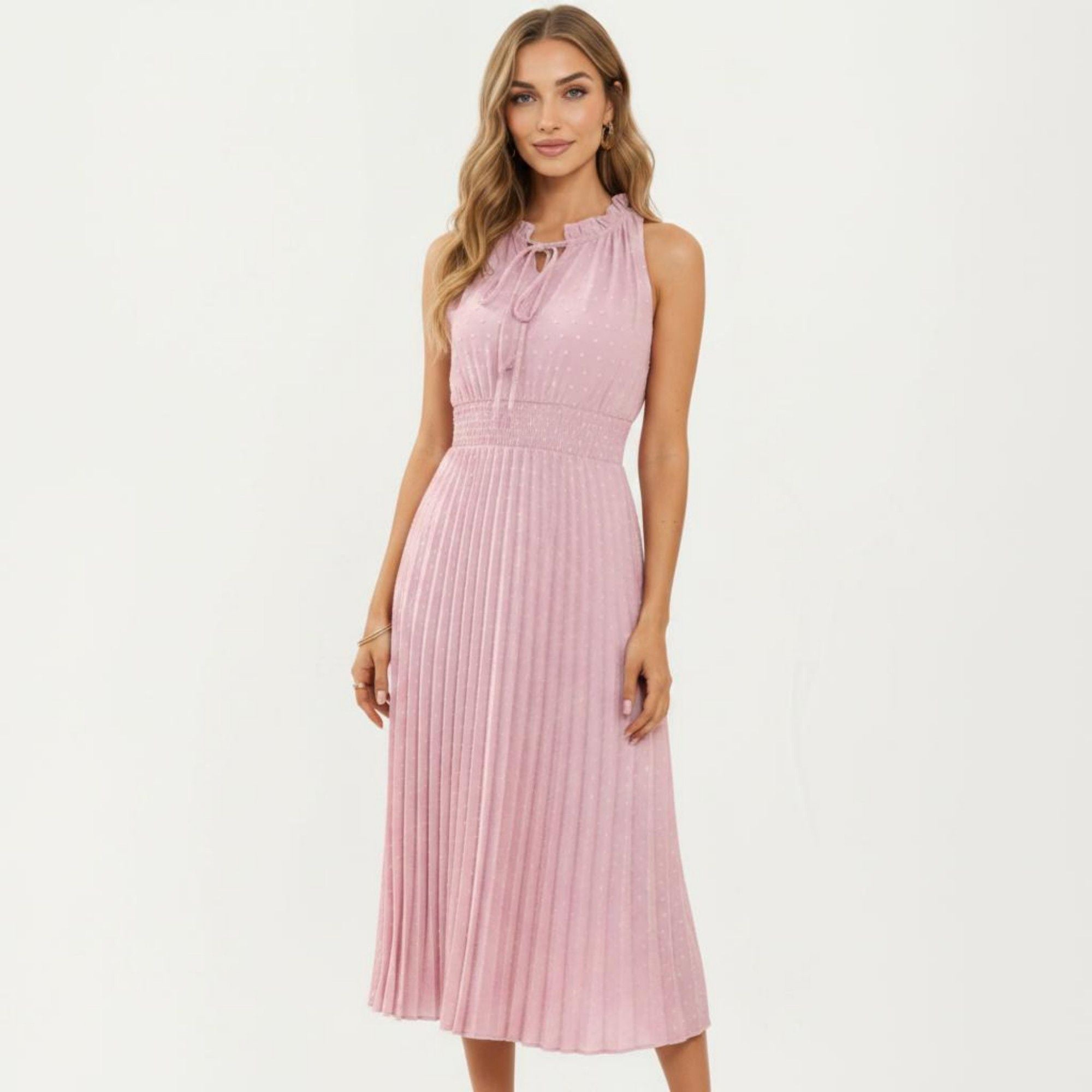 Anna-Kaci Women's Sleeveless Midi Dress with Pleated Skirt and Tie Neck Detail