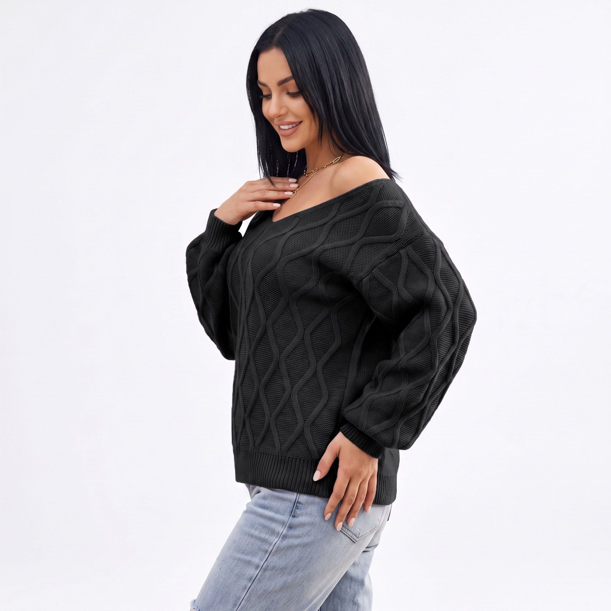 Cable Knit V-Neck Balloon Sleeve Sweater