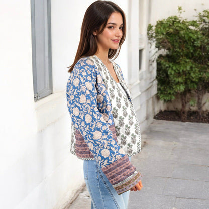 Patchwork Open Front Jacket with Floral and Geometric Prints
