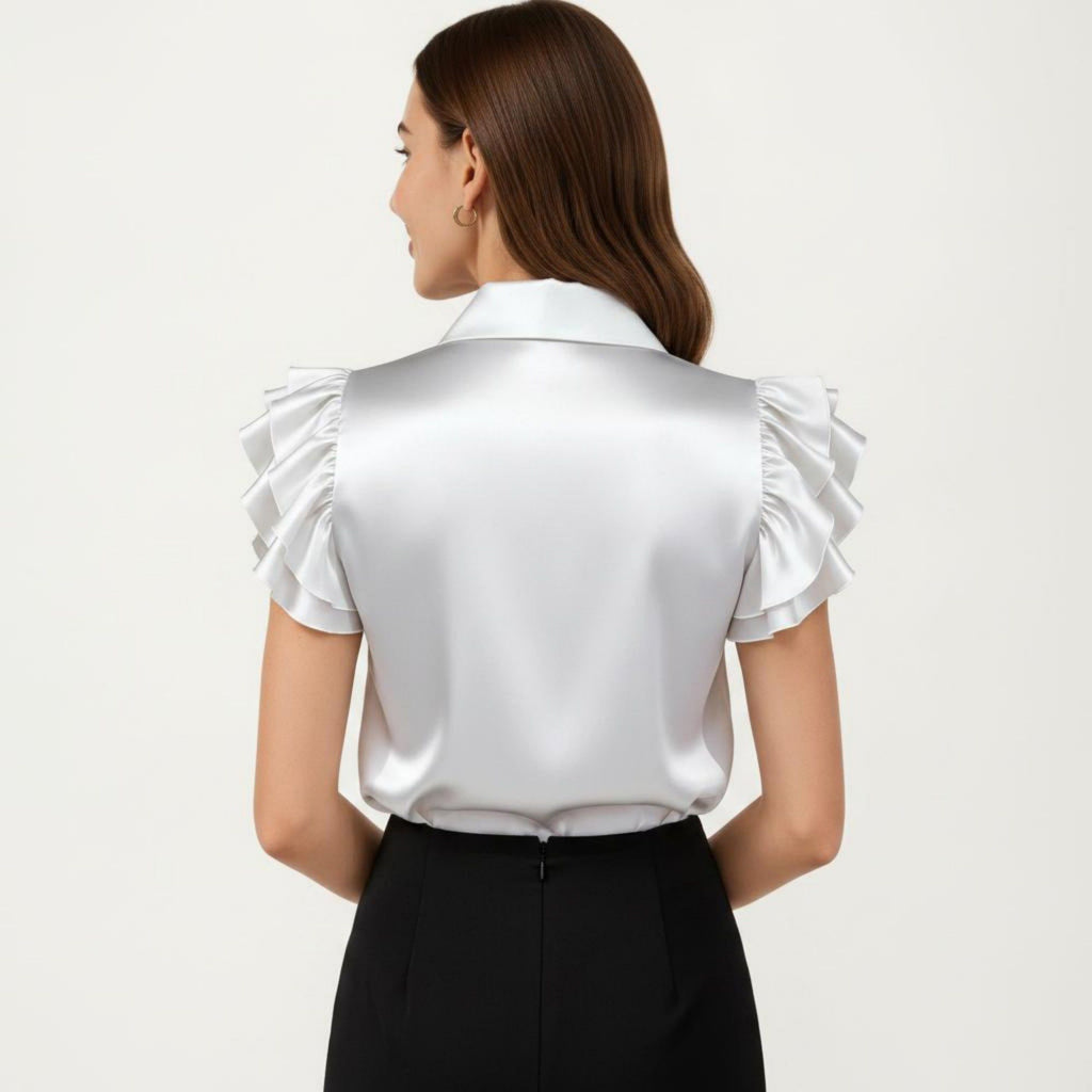 Anna-Kaci Women's Satin Button Down Blouse with Ruffle Sleeves and Collared Neckline