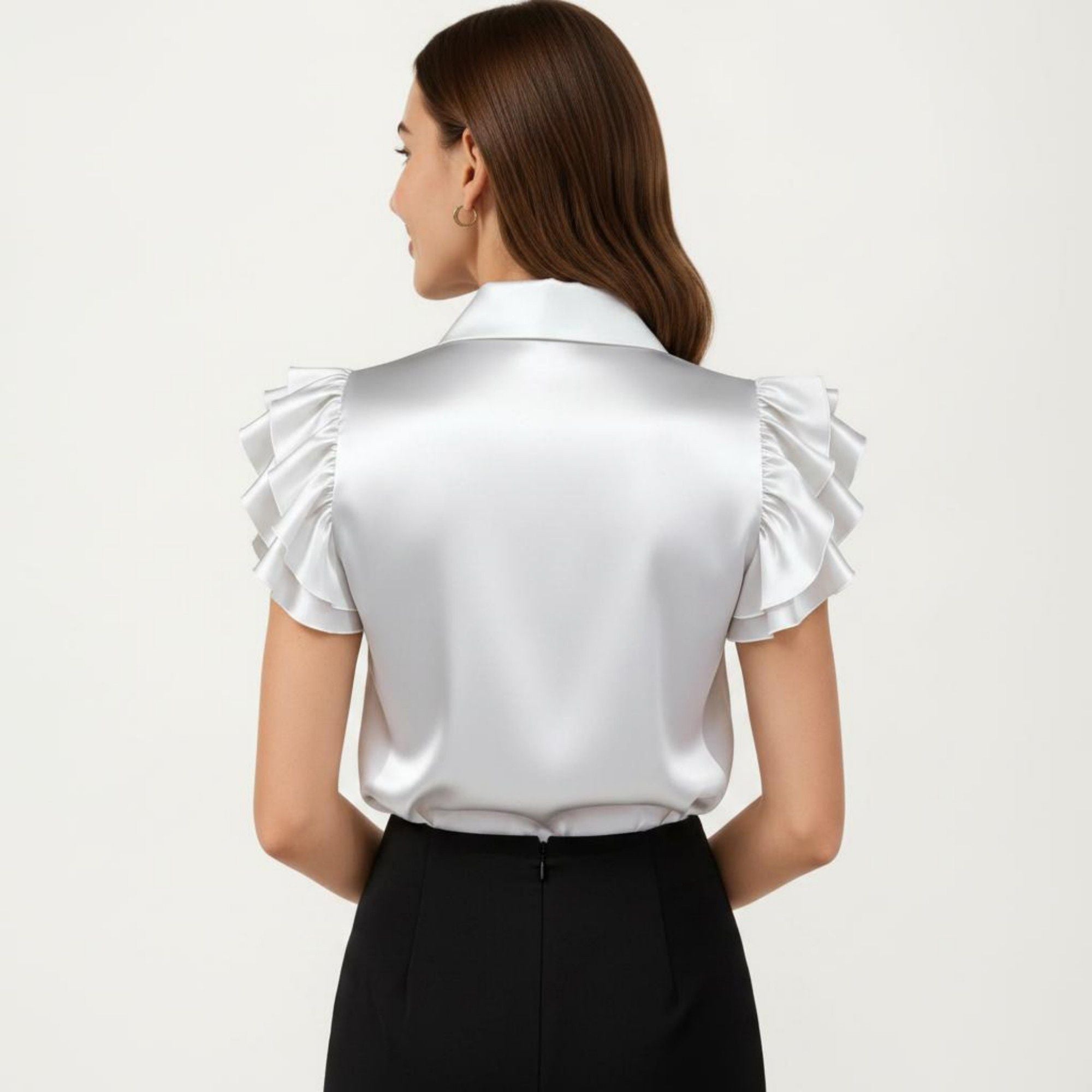 Anna-Kaci Women's Satin Button Down Blouse with Ruffle Sleeves and Collared Neckline