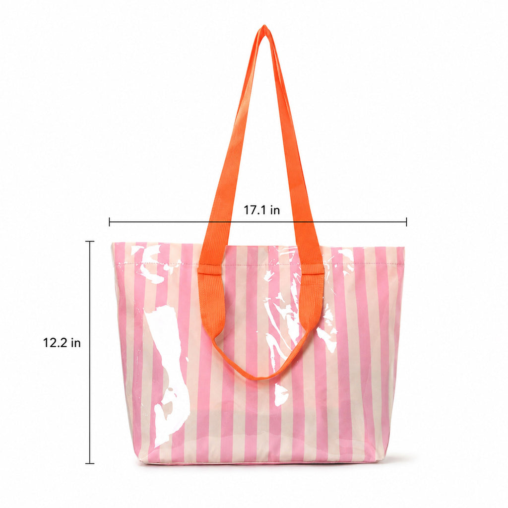 Striped PVC Beach Tote Bag with Magnetic Closure and Zip Pocket