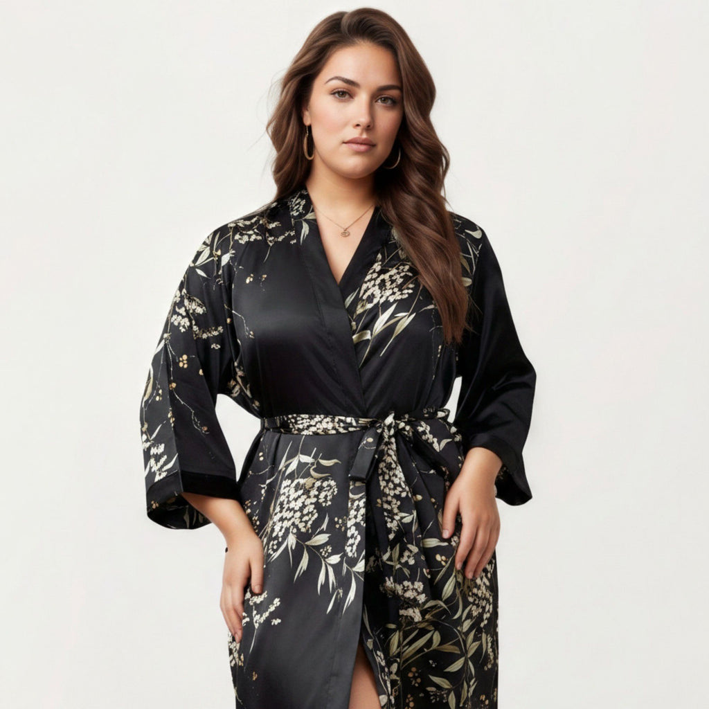 Anna-Kaci Lounge Women's Plus Size Satin Floral Kimono Robe with Self Tie Belt Longline Open Front Lightweight Sleepwear