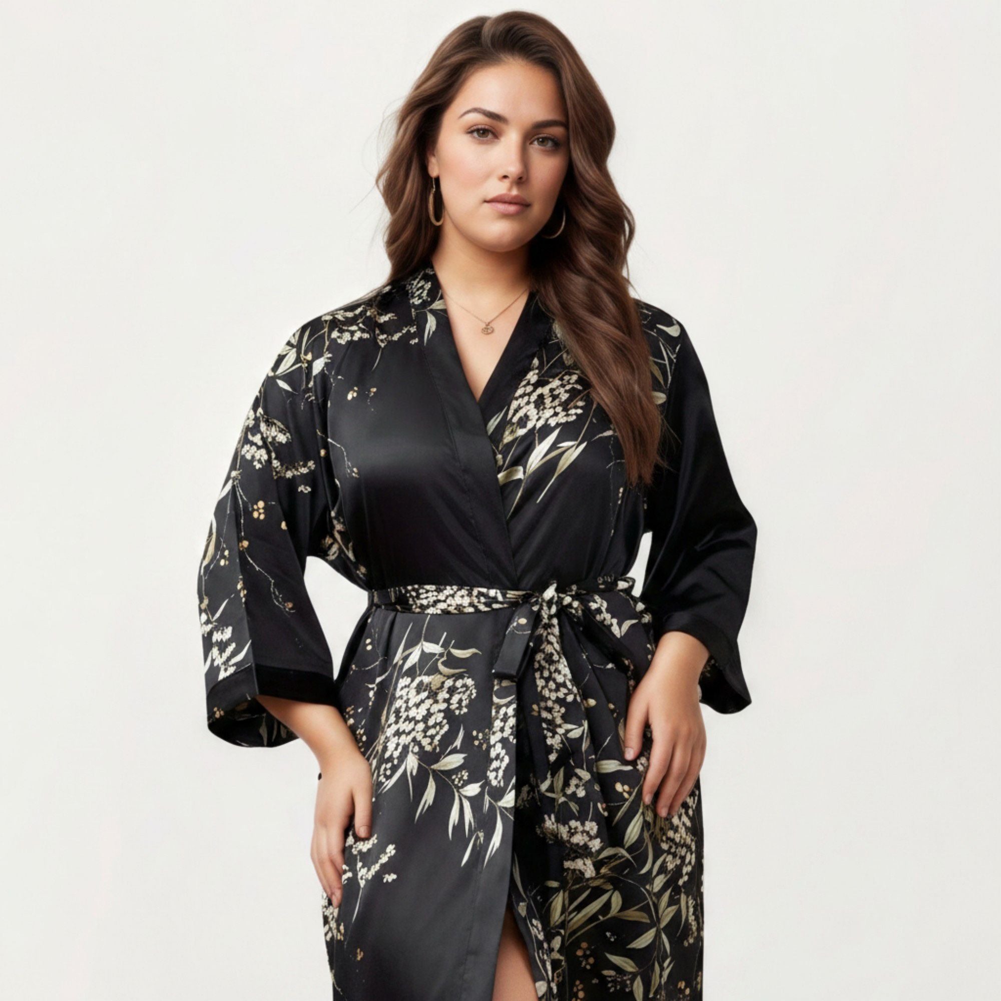 Anna-Kaci Lounge Women's Plus Size Satin Floral Kimono Robe with Self Tie Belt Longline Open Front Lightweight Sleepwear