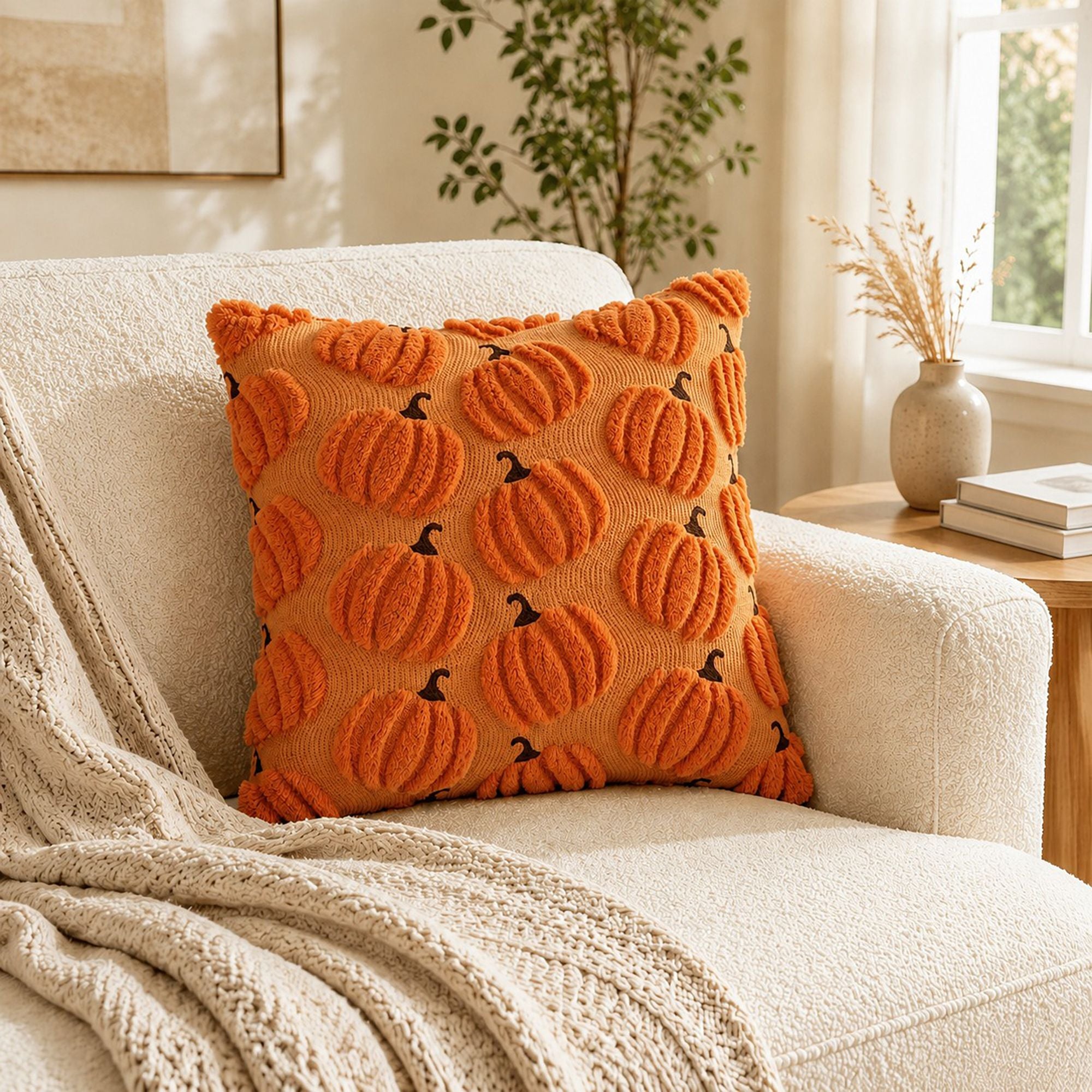 Tufted Pumpkin Pattern Throw Pillow Cover for Fall and Thanksgiving Decor