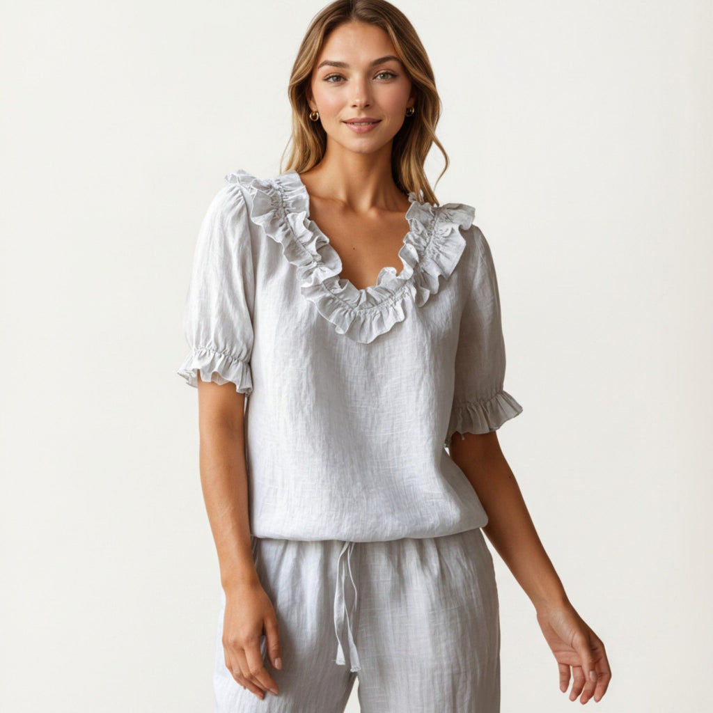 Anna-Kaci Women's Ruffle Neck Blouse with Short Puff Sleeves and Textured Linen-Like Fabric